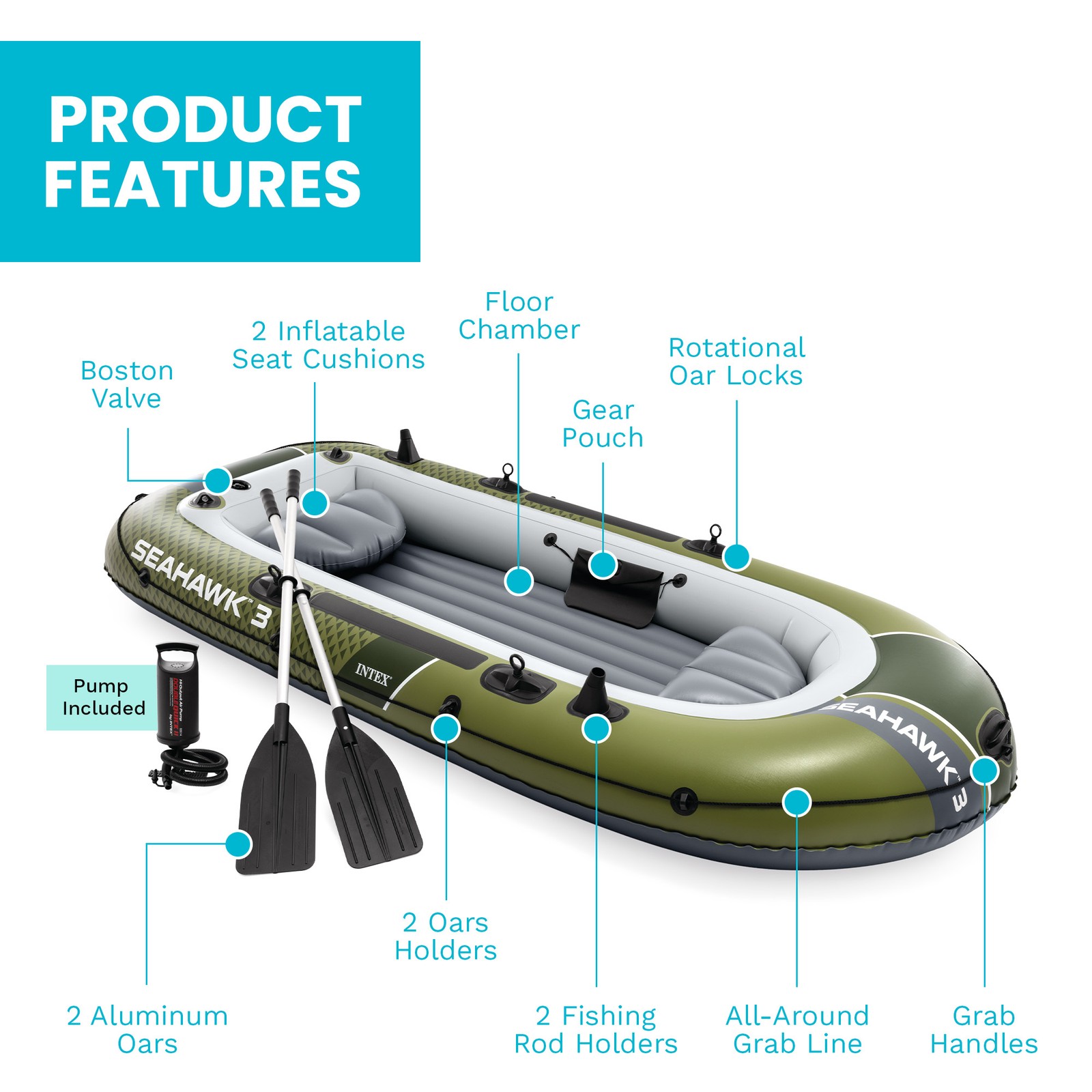 INTEX 66333EP Seahawk 3 Inflatable Boat Set with 54″ Oars, Pump, & Rod Holders