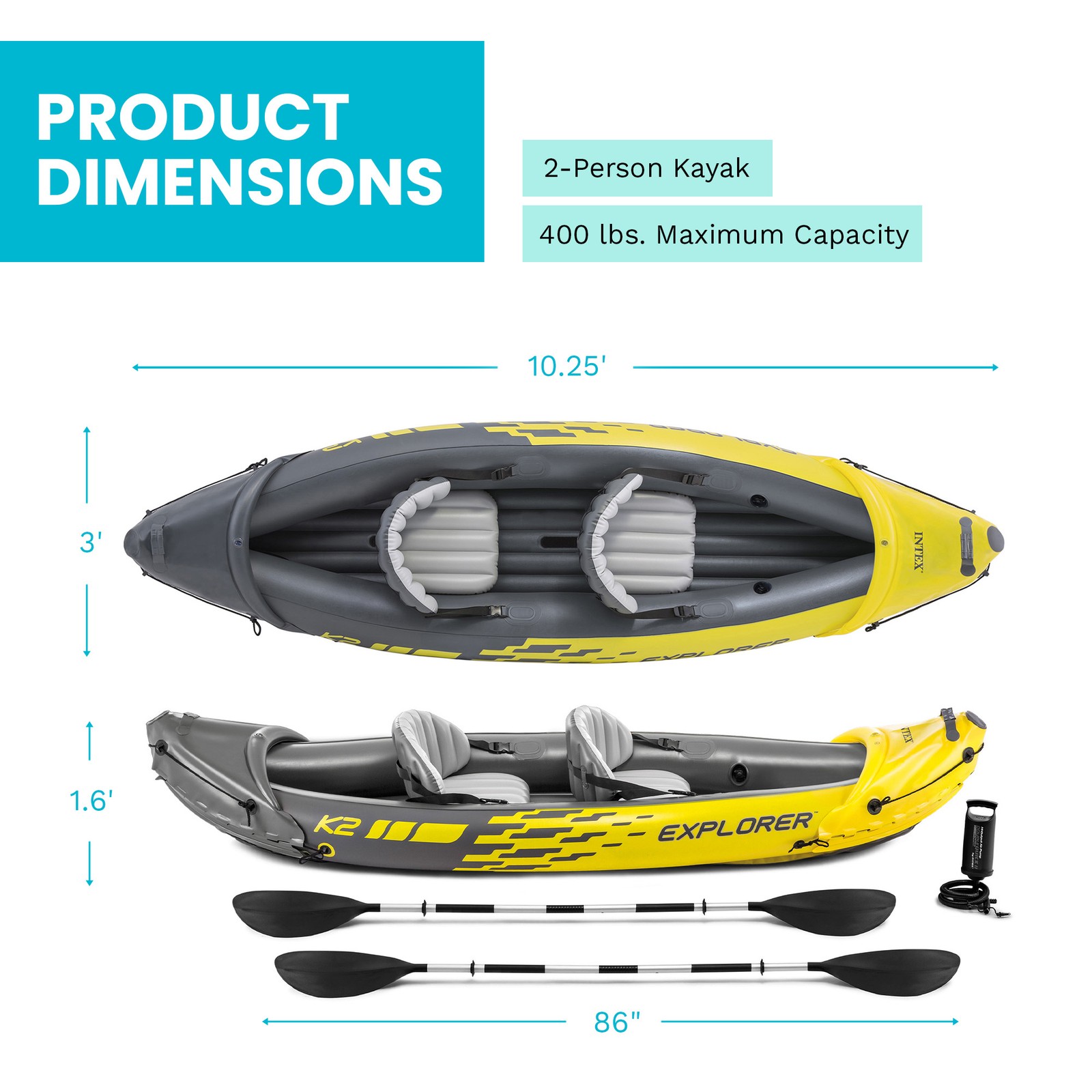 INTEX Explorer K2 Inflatable Kayak w/ Aluminum Oars & Pump,Yellow (Open Box)