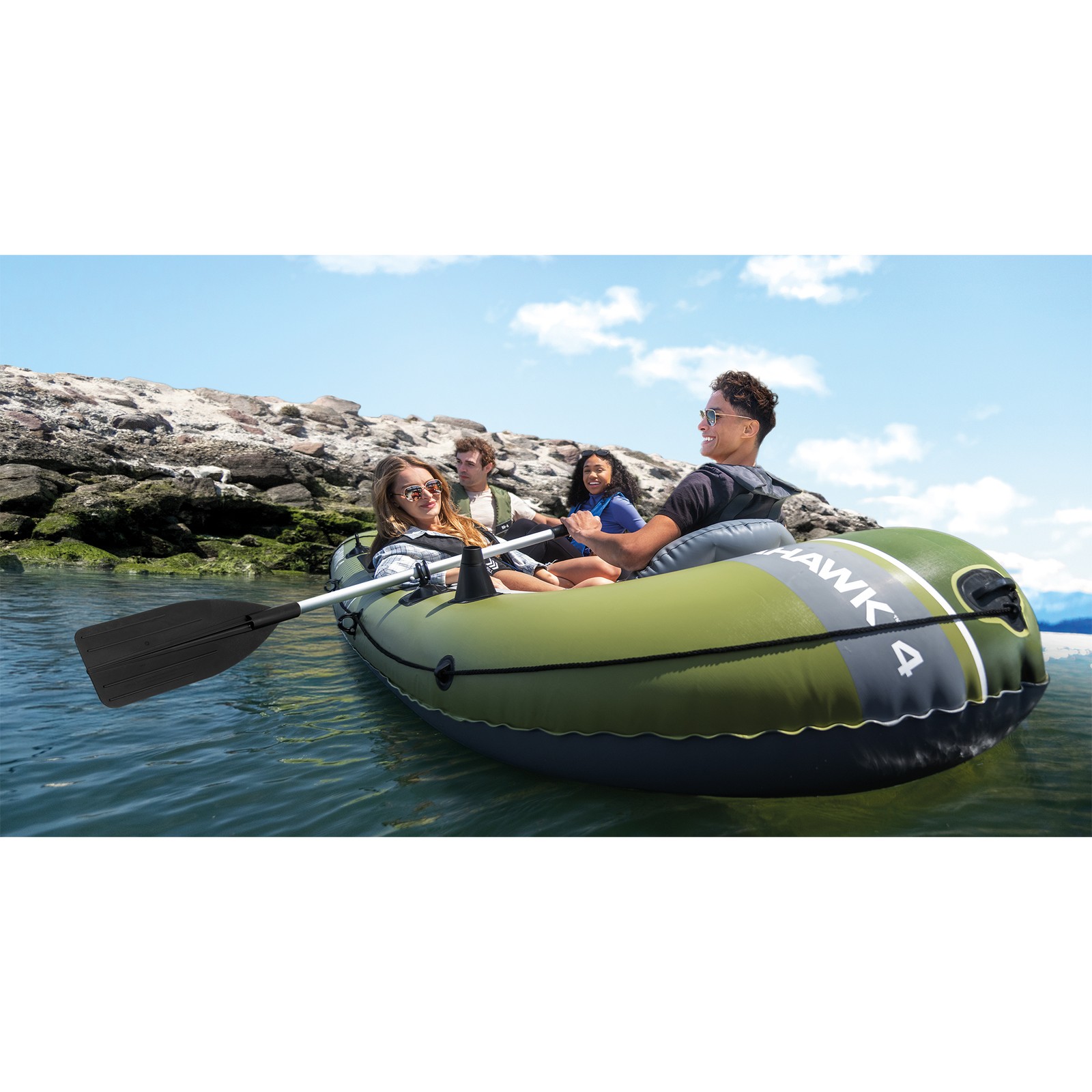 INTEX 66334EP Seahawk 4 Inflatable Boat Set with 54″ Oars, Pump, & Rod Holders