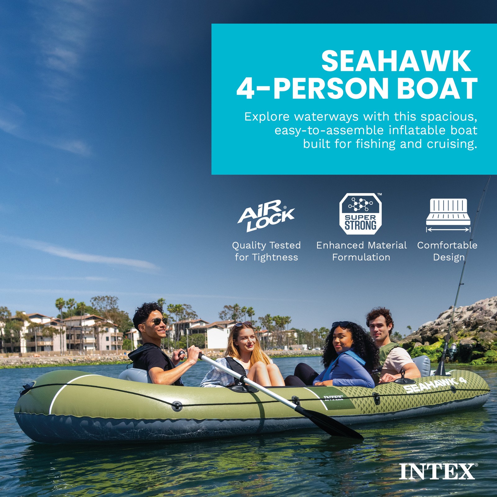 INTEX 66334EP Seahawk 4 Inflatable Boat Set with 54″ Oars, Pump, & Rod Holders