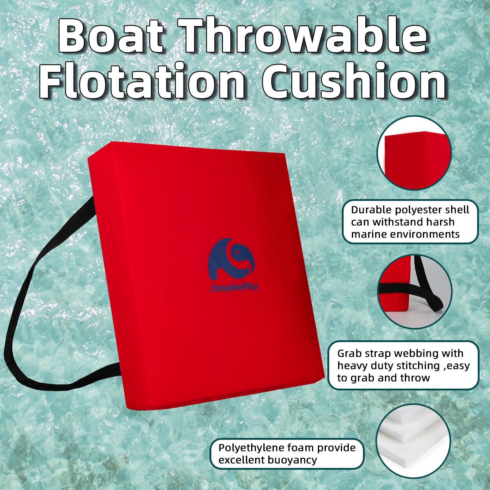 Throwable Flotation Cushion,Emergency Foam Boat 16»Wx14»Lx2.7»H, Red-1pack