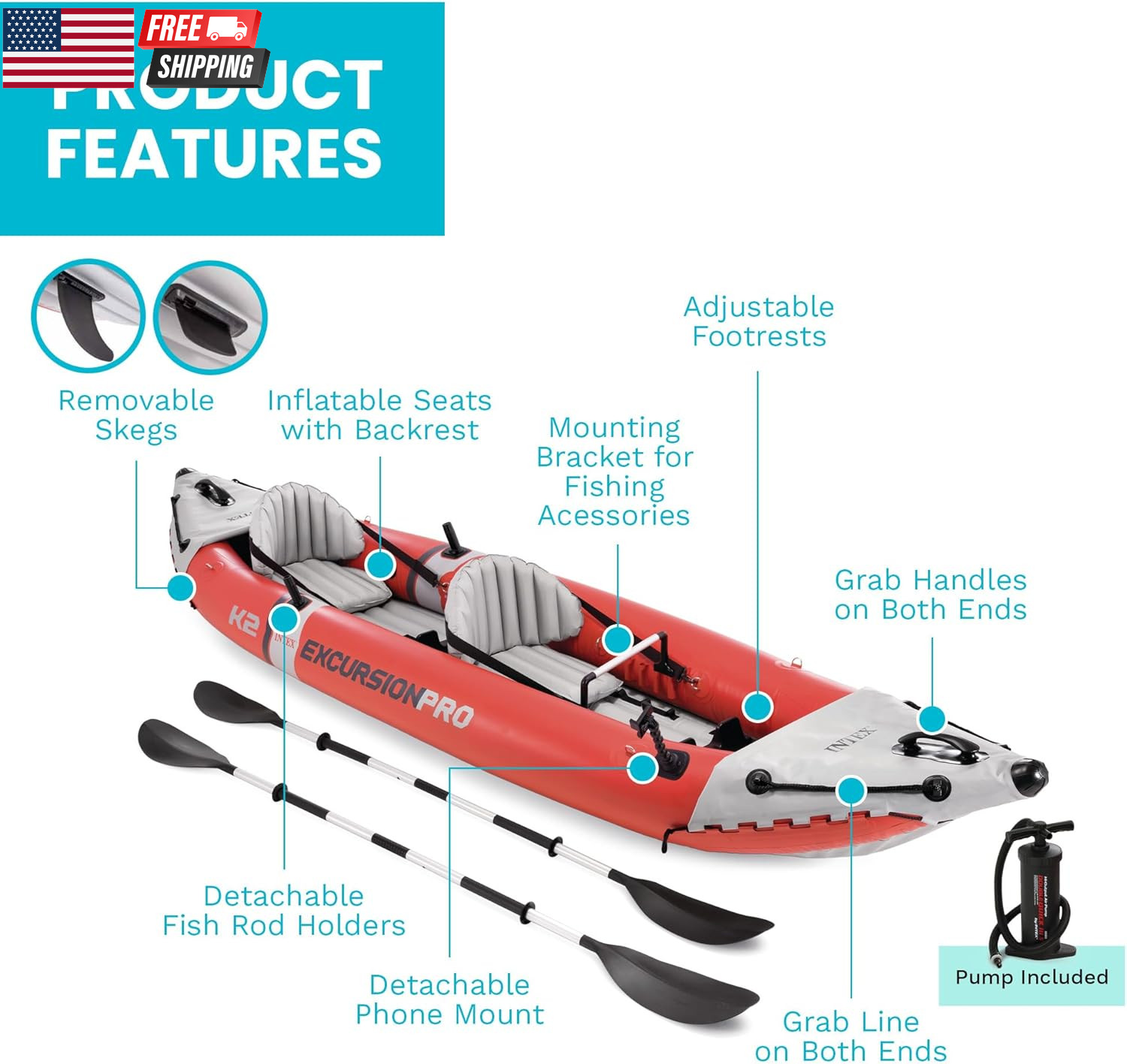 INTEX 68309EP Excursion Pro K2 Inflatable Kayak Set: Includes Deluxe 86In Kayak