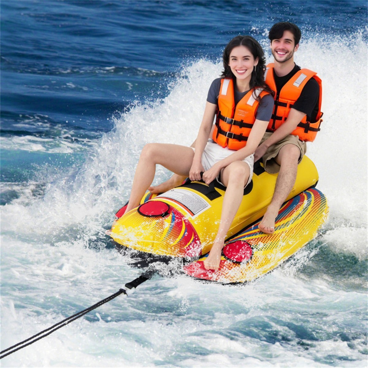 2 Rider Towable Tube Inflatable for Boating Yellow Banana Boat Water Toy 340lb