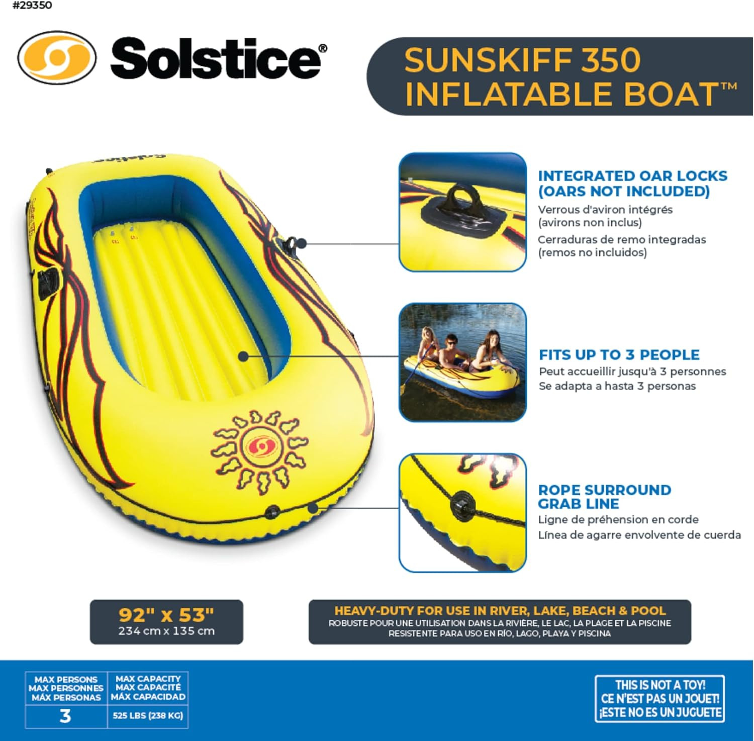 SOLSTICE Inflatable Boat Rafts 3 Person for Adults & Kids Comes W/ Pole Oar Hold