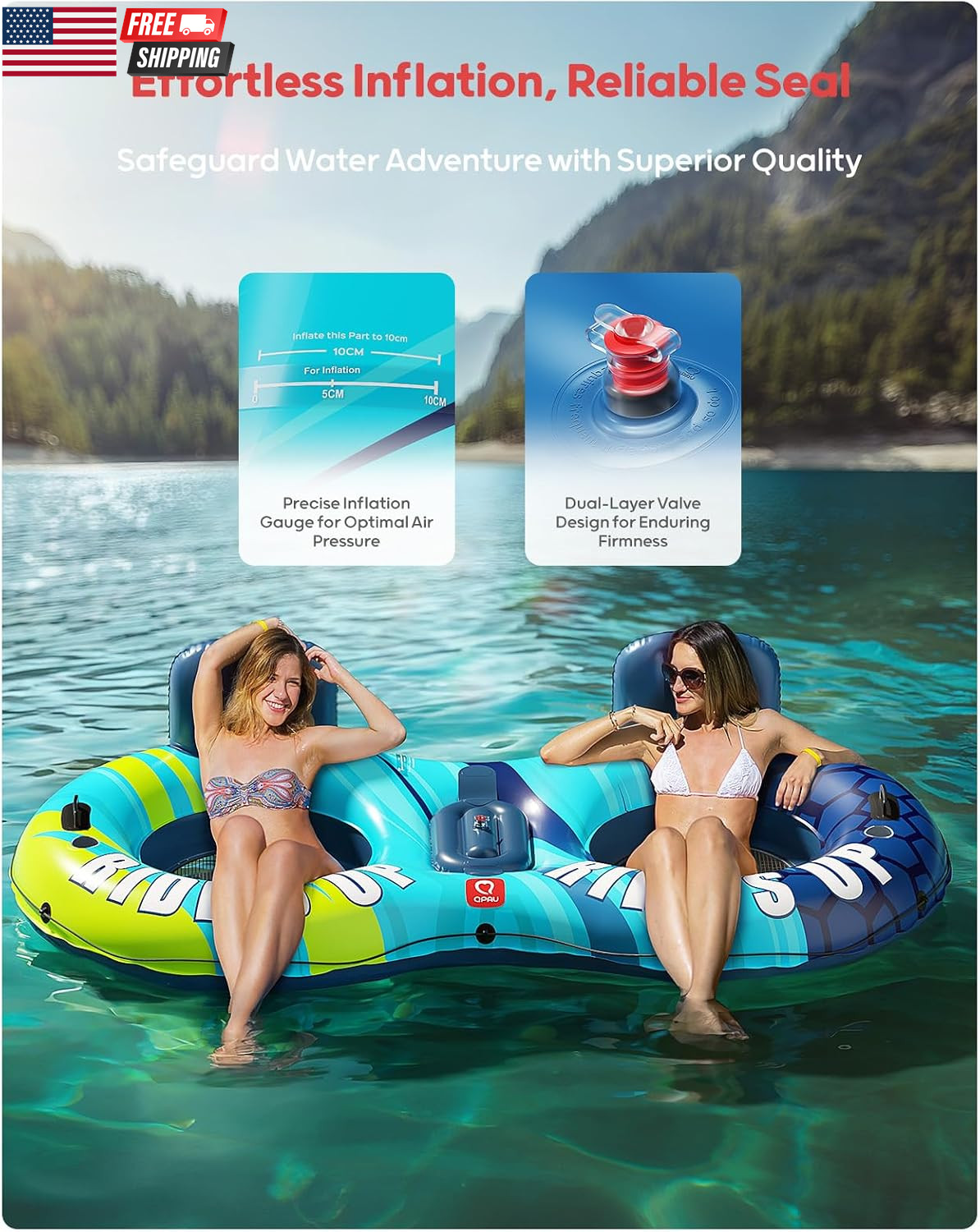 Inflatable Double River Tube, 2 Person 660Lb Capacity, Puncture-Resistant 93″ St