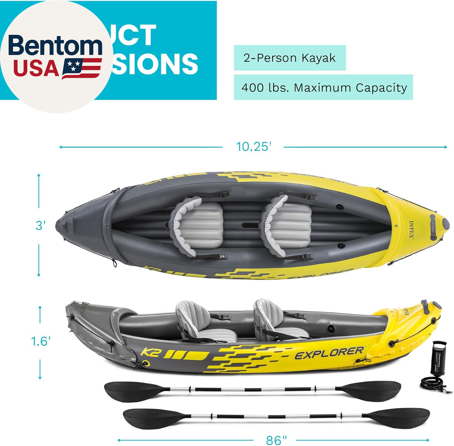 68307EP Explorer K2 Inflatable Kayak Set: Includes Deluxe 86In Aluminum Oars and