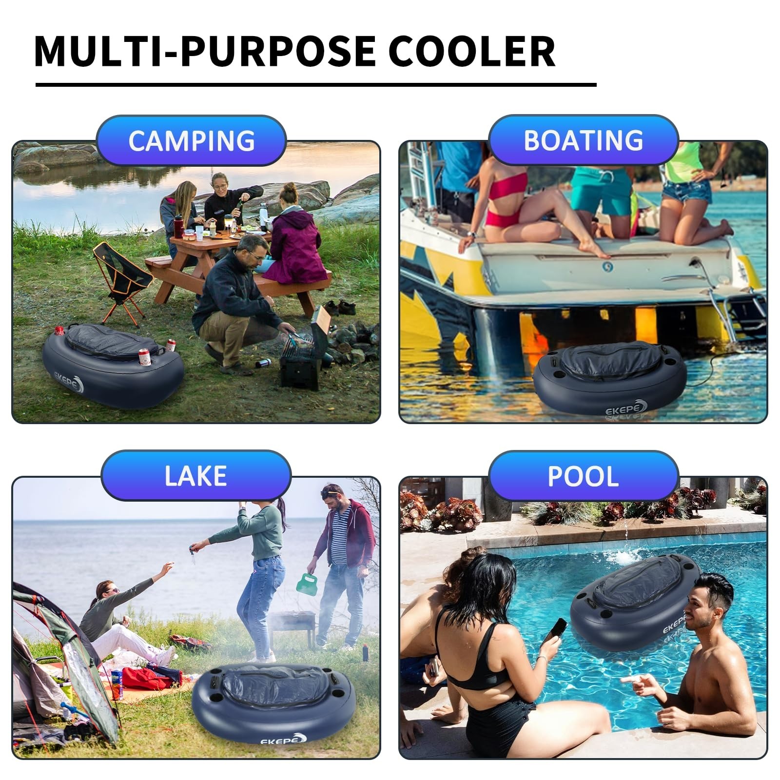 40 QT Inflatable Kayak Cooler Float with Tow Rope, Heavy Duty PVC, 4 Cup Holders