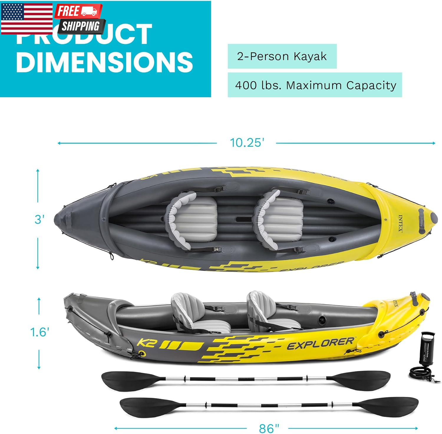 Intex 68307EP Explorer K2 Inflatable Kayak Set: Includes Deluxe 86In Aluminum Oa
