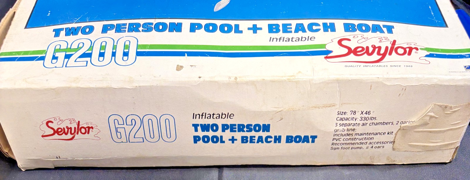 Vintage Sevylor Inflatable 2 Person Beach Boat G200 New With Paddles 78 X 46