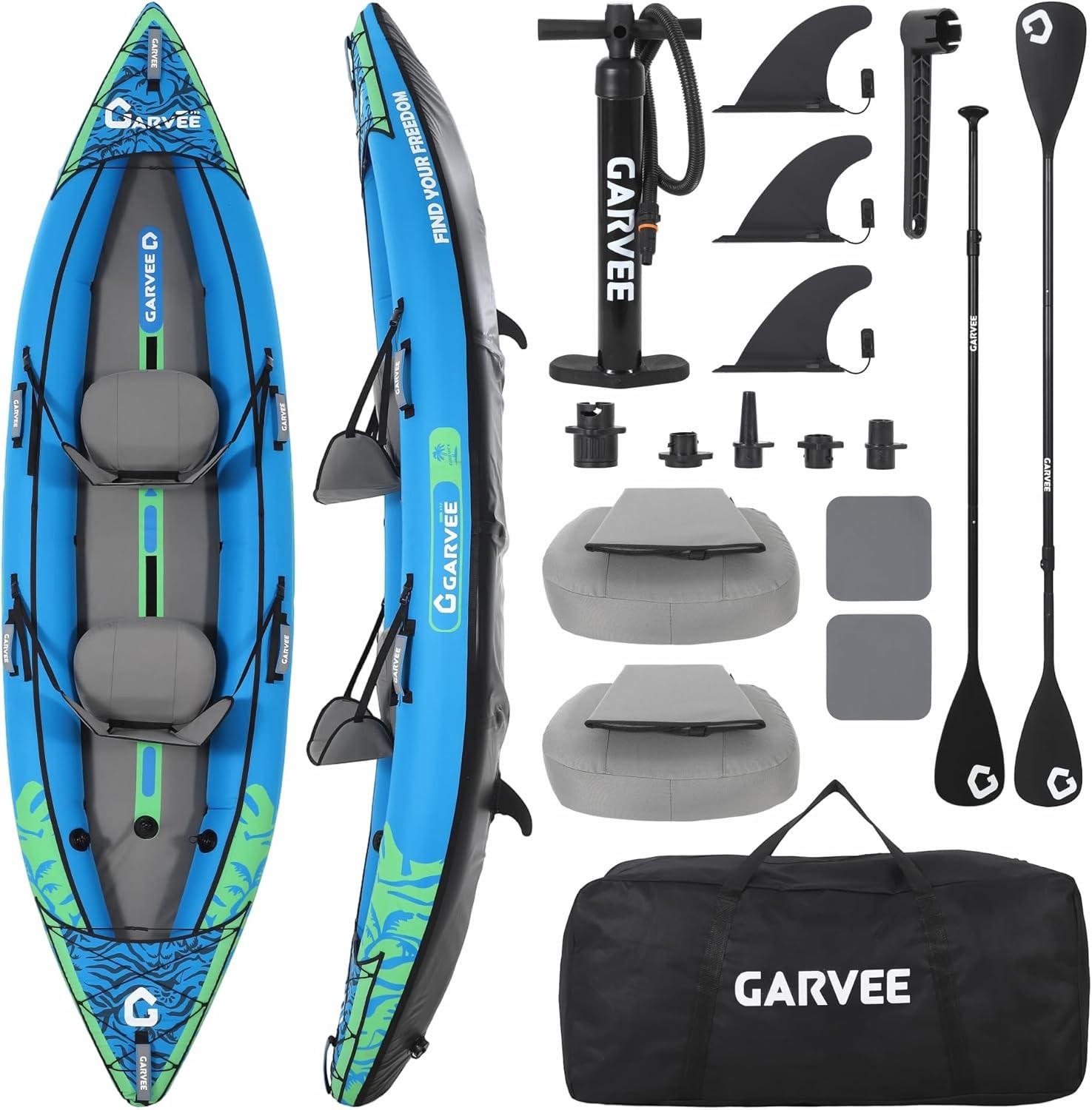 2 Person Inflatable Kayak 12.5ft Fishing Kayak Padded Seats 3 Fins Hand Pump