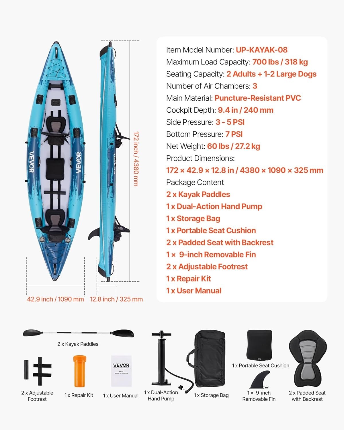 Spacious 2-Person Inflatable Kayak 14’4″ x 3’7″ – Perfect for Family Adventures