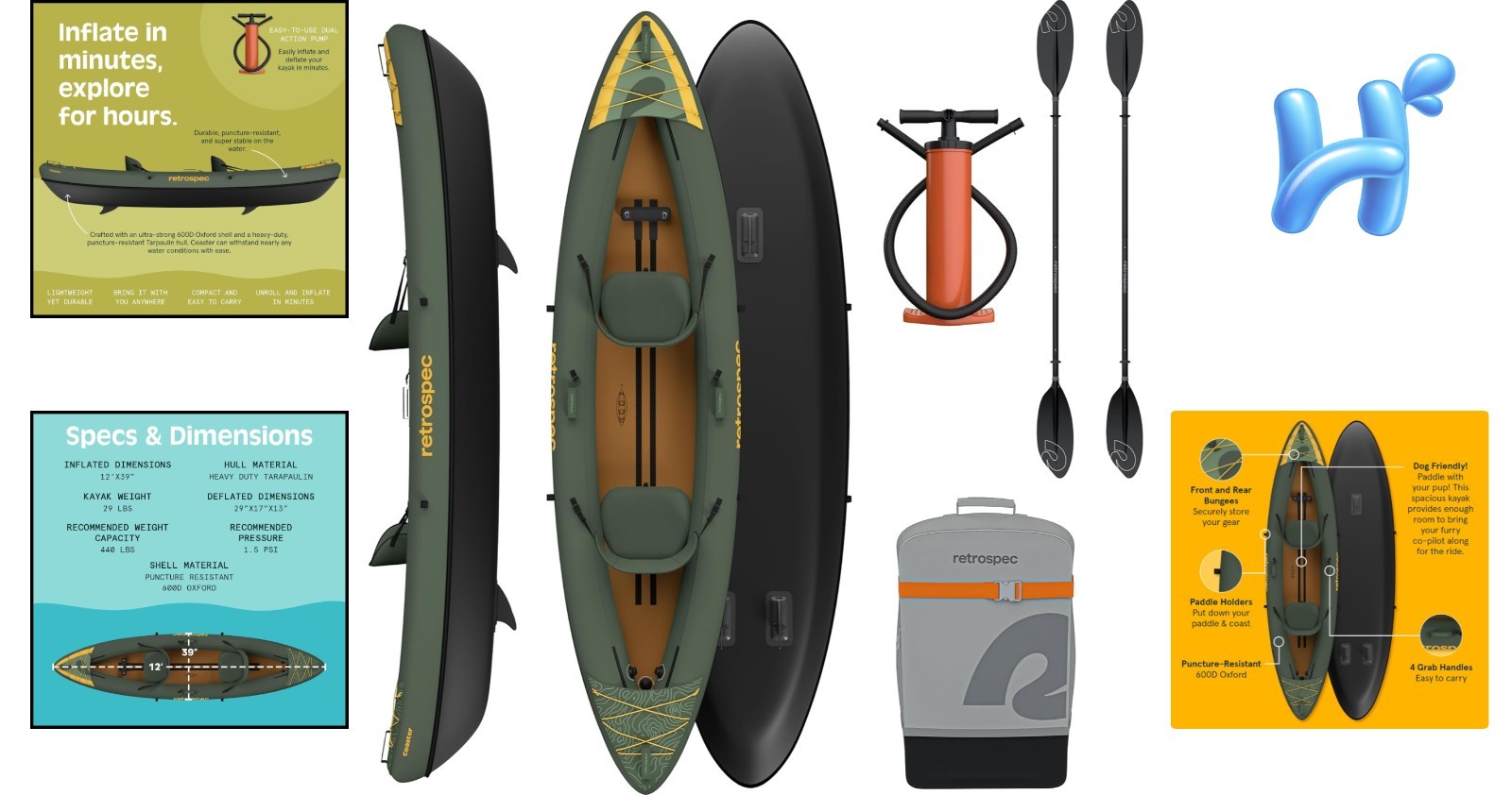 Inflatable Kayak 150In 39In Lightweight Pvc 2 Person Paddles Pump