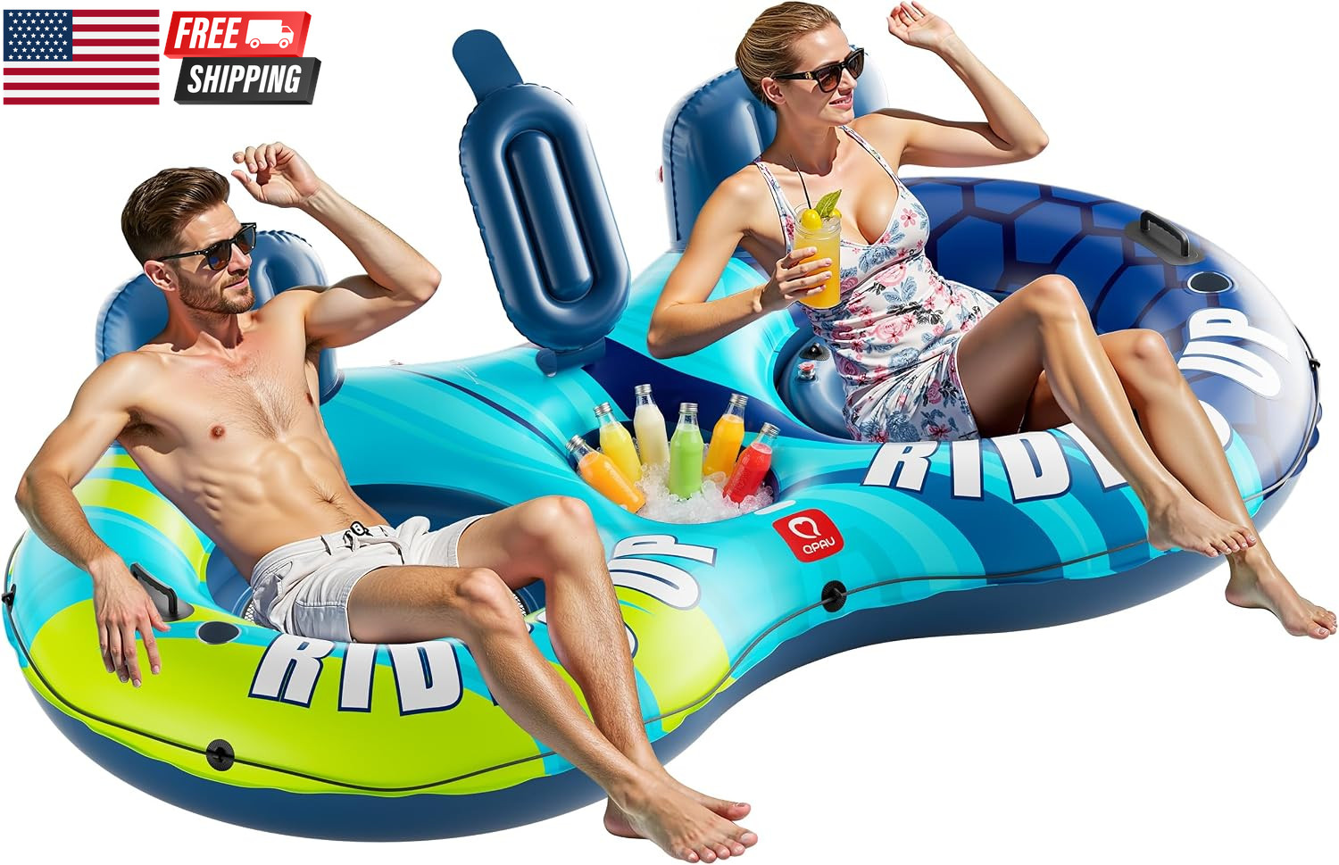 Inflatable Double River Tube, 2 Person 660Lb Capacity, Puncture-Resistant 93″ St