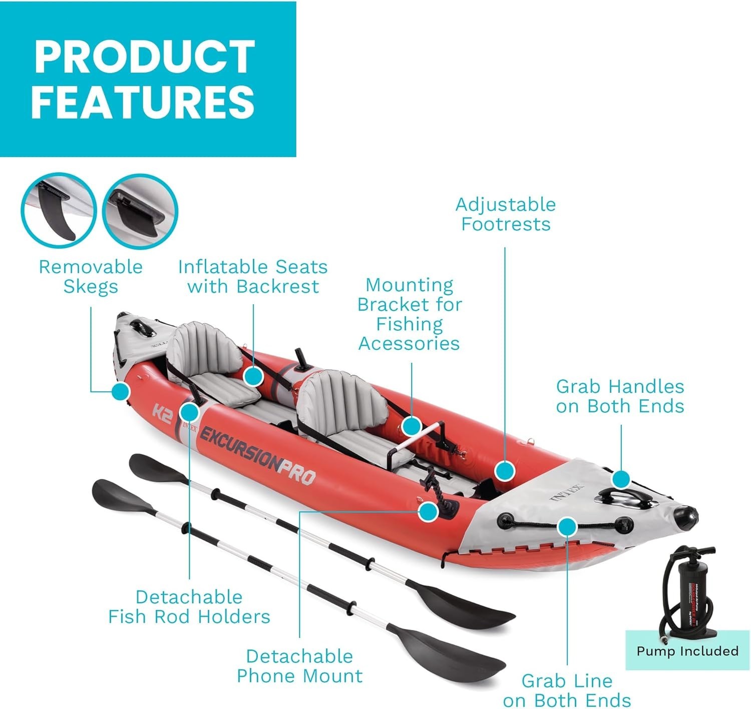 68309EP Excursion Pro K2 Inflatable Kayak Set: Includes Deluxe 86in Kayak Paddle