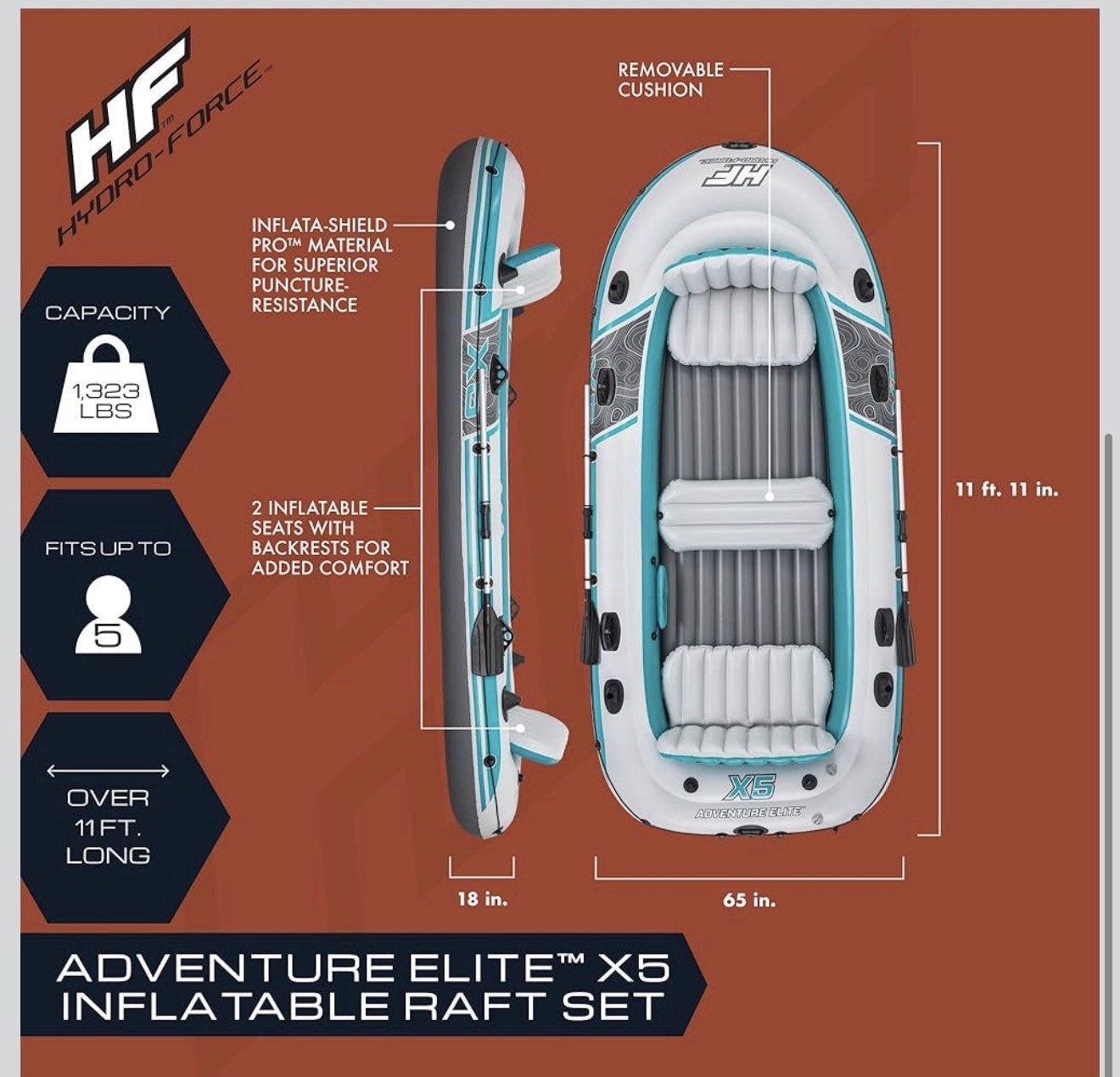 Hydro Force Adventure Elite X5 Inflatable Raft, 11ft 11in, 5 Seats, Oars & Pump