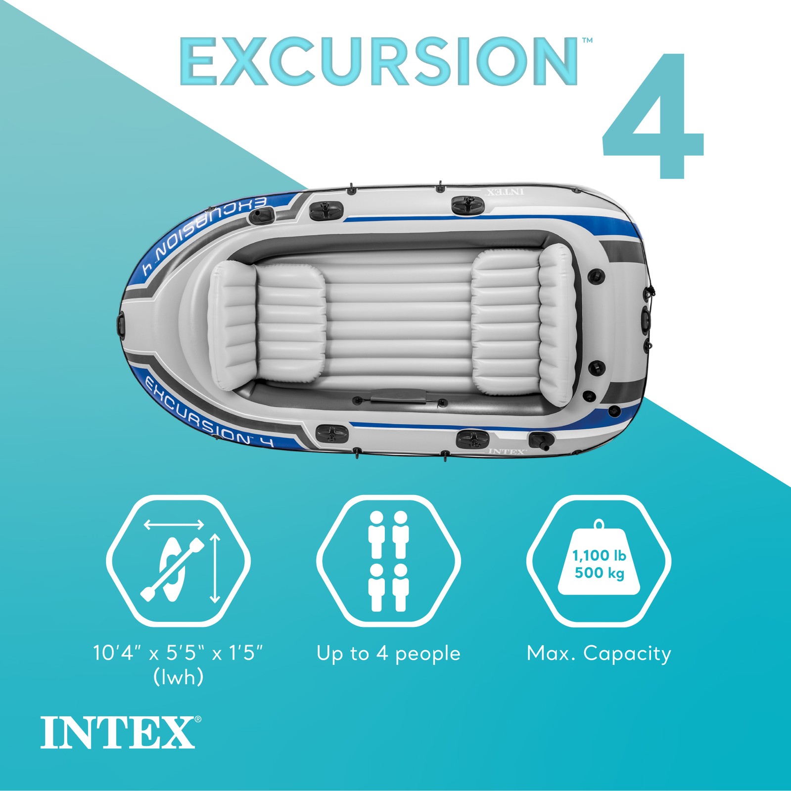 Intex Excursion 4 Inflatable River/Lake Boat Raft Set & Motor Mount Kit