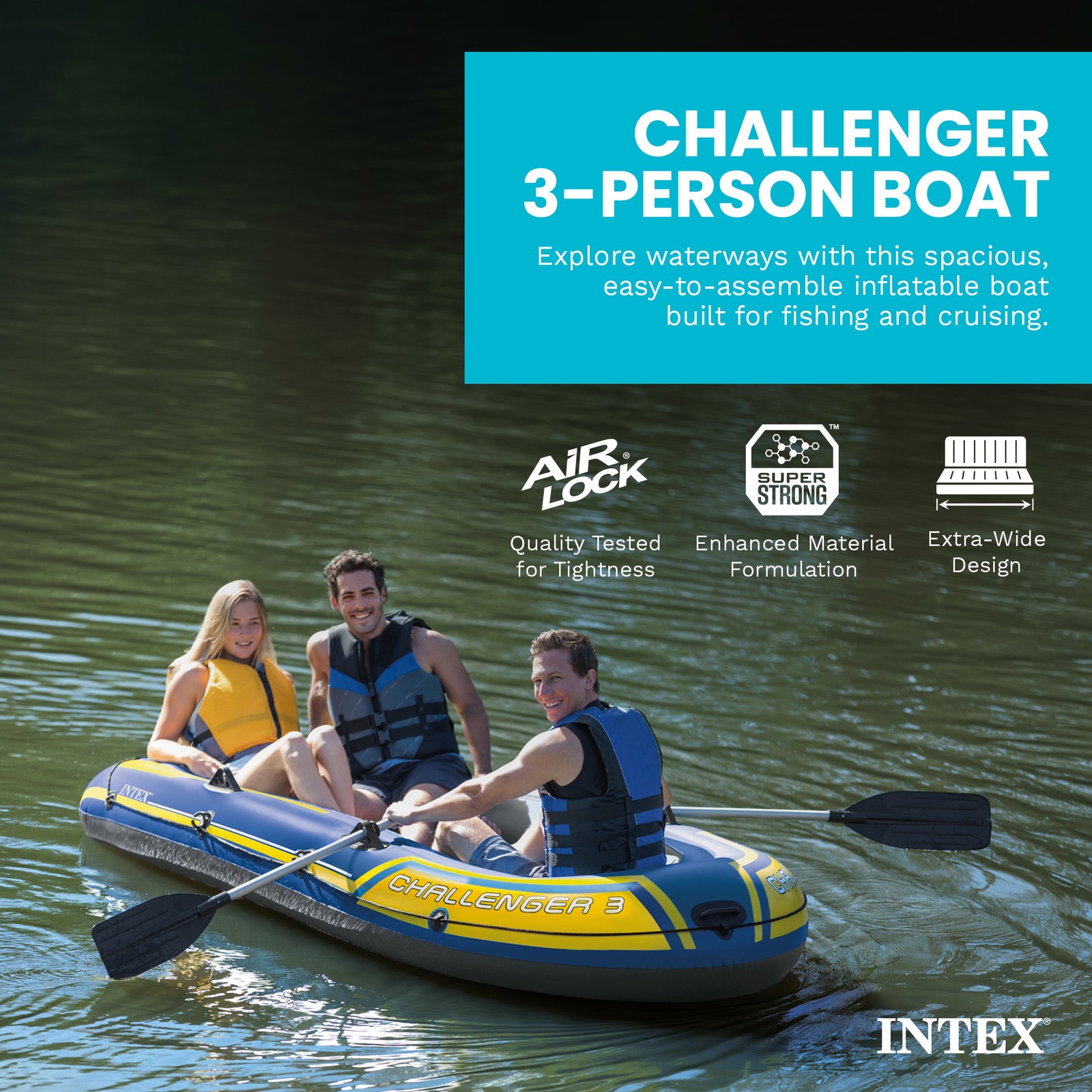 Intex 68370EP Challenger 3 Inflatable Raft Boat Set With Pump And Oars, Blue