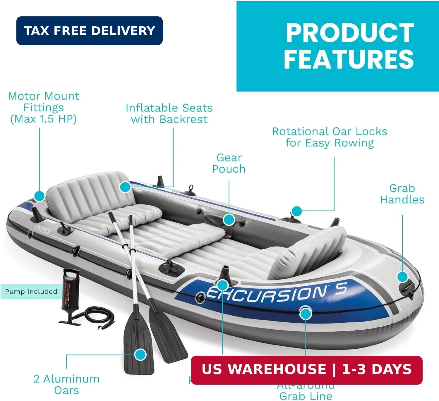 Excursion 5 Person Inflatable Boat, Water Fishing River Raft Set w/ Oars
