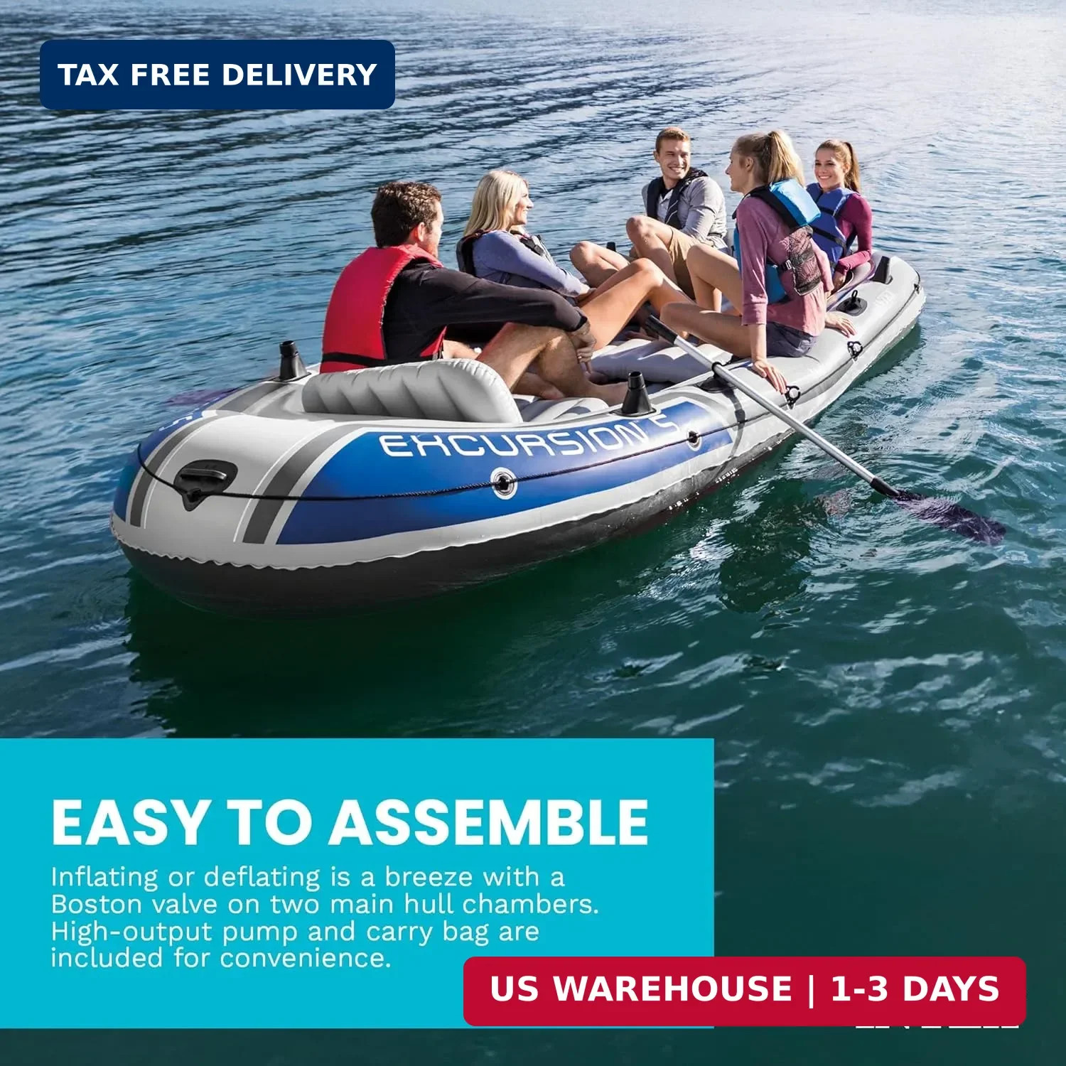 Excursion 5 Person Inflatable Boat, Water Fishing River Raft Set w/ Oars