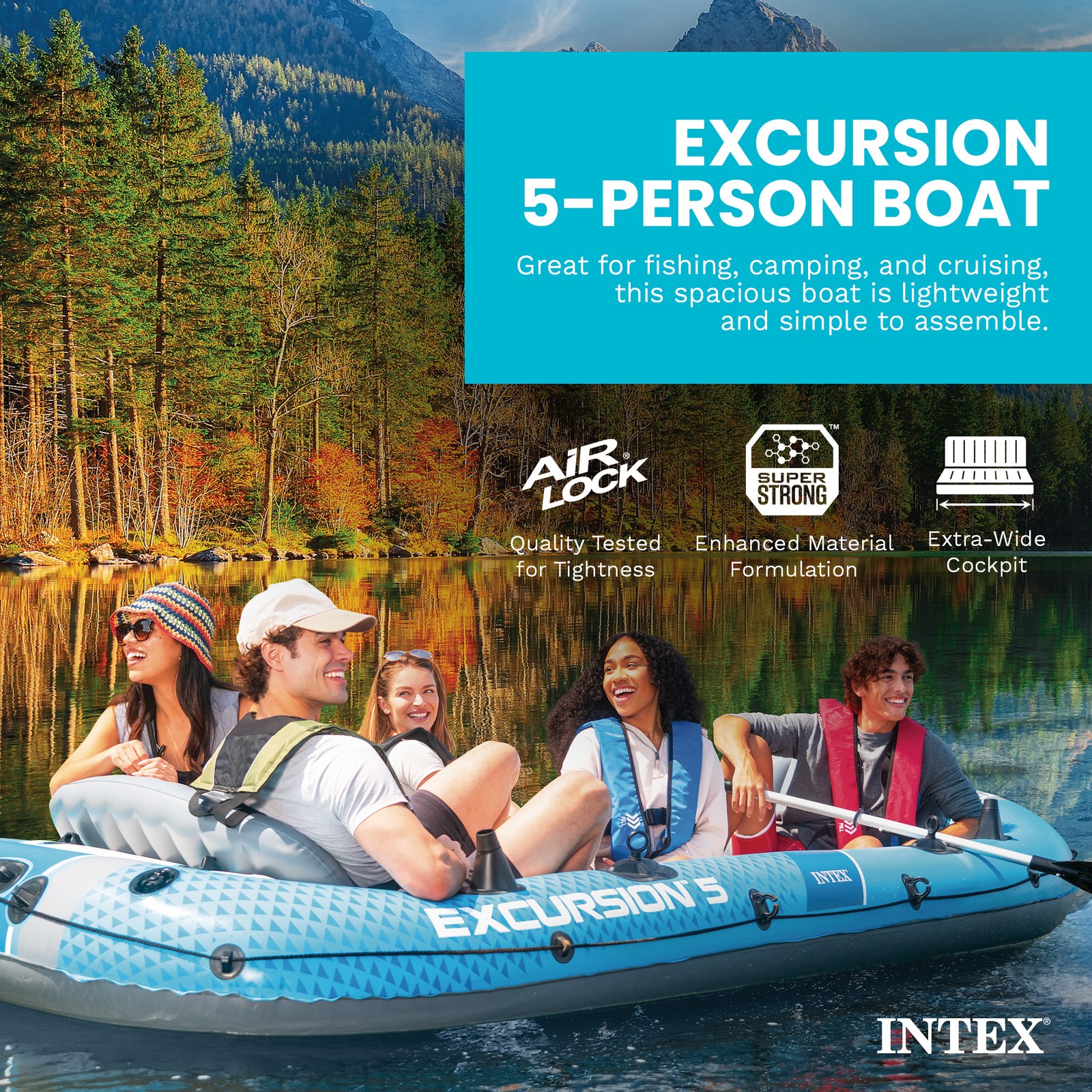 INTEX Excursion 5 Inflatable Boat Set with 54″ Oars, Pump, & Rod Holders (Used)