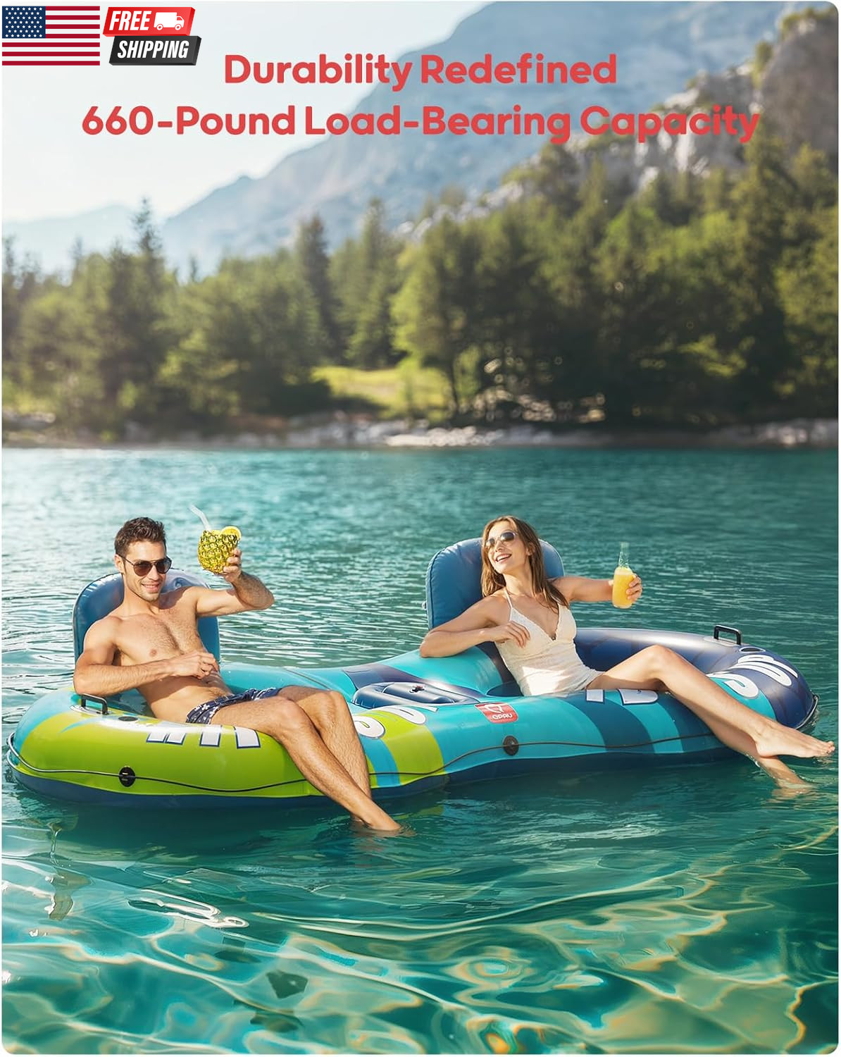 Inflatable Double River Tube, 2 Person 660Lb Capacity, Puncture-Resistant 93″ St