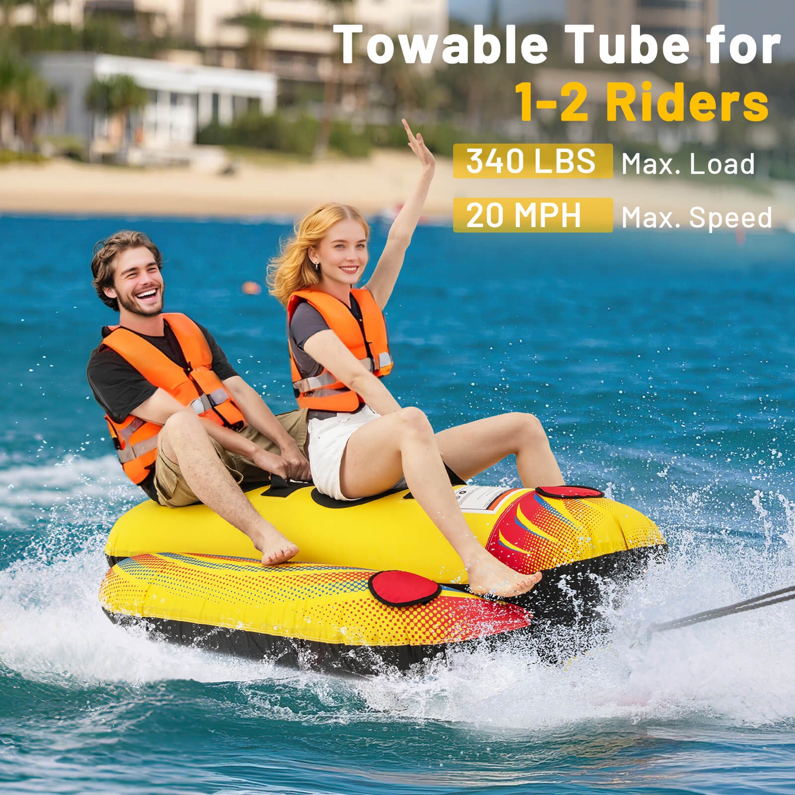 2-Person Inflatable Banana Boat w/ Boating & Water Sports 2 EVA-padded Seats