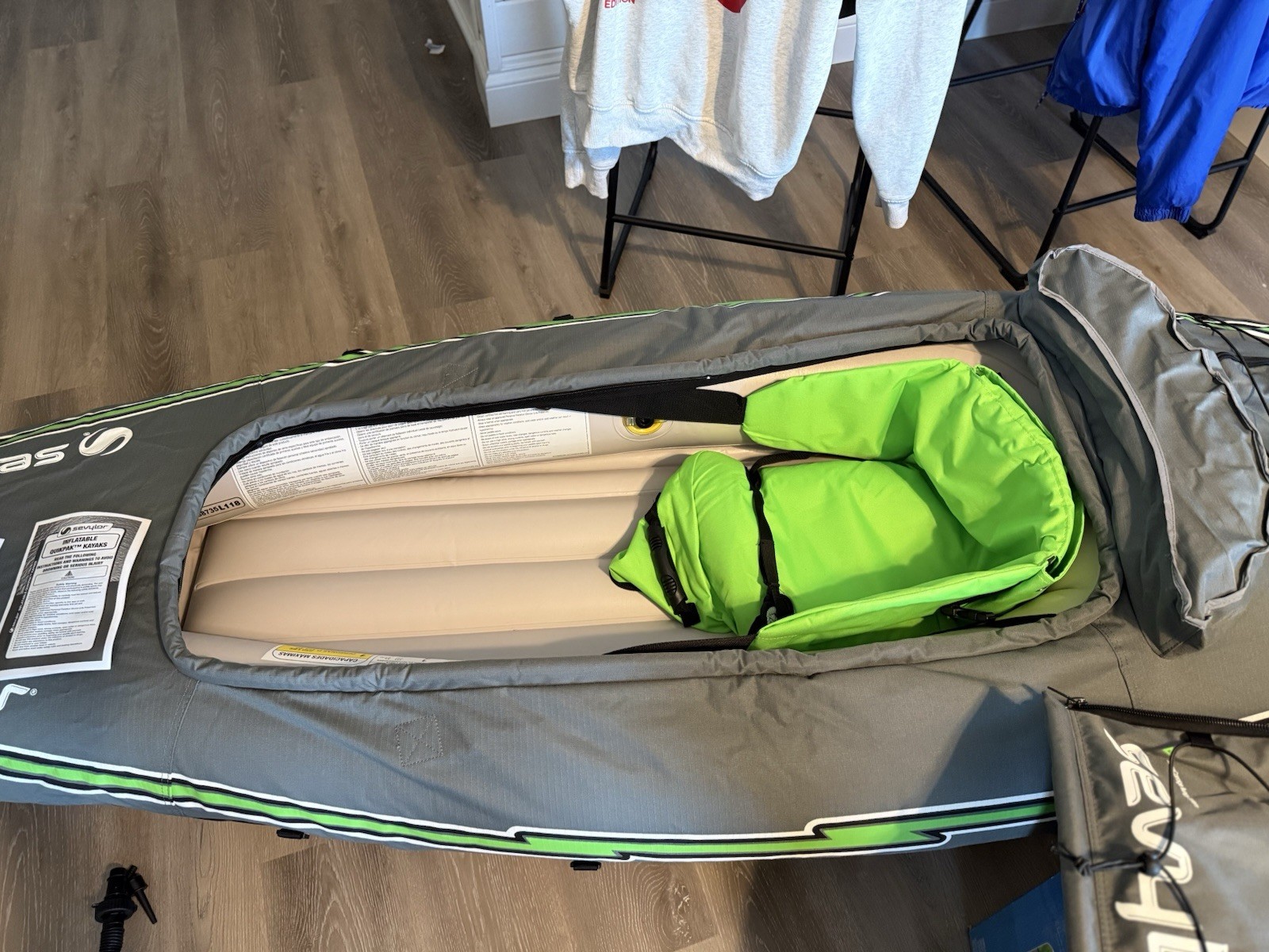 Sevylor QuikPak K5 Inflatable Kayak with Paddle and Pump, Gray/Green