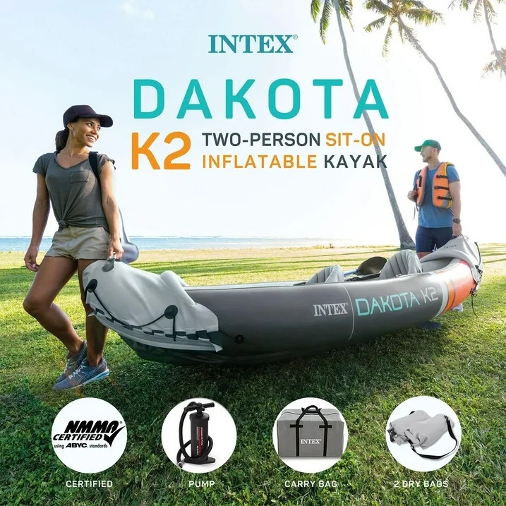 2-Person Inflatable Kayak Set with Oars & Pump – Dakota K2 Style Touring Canoe