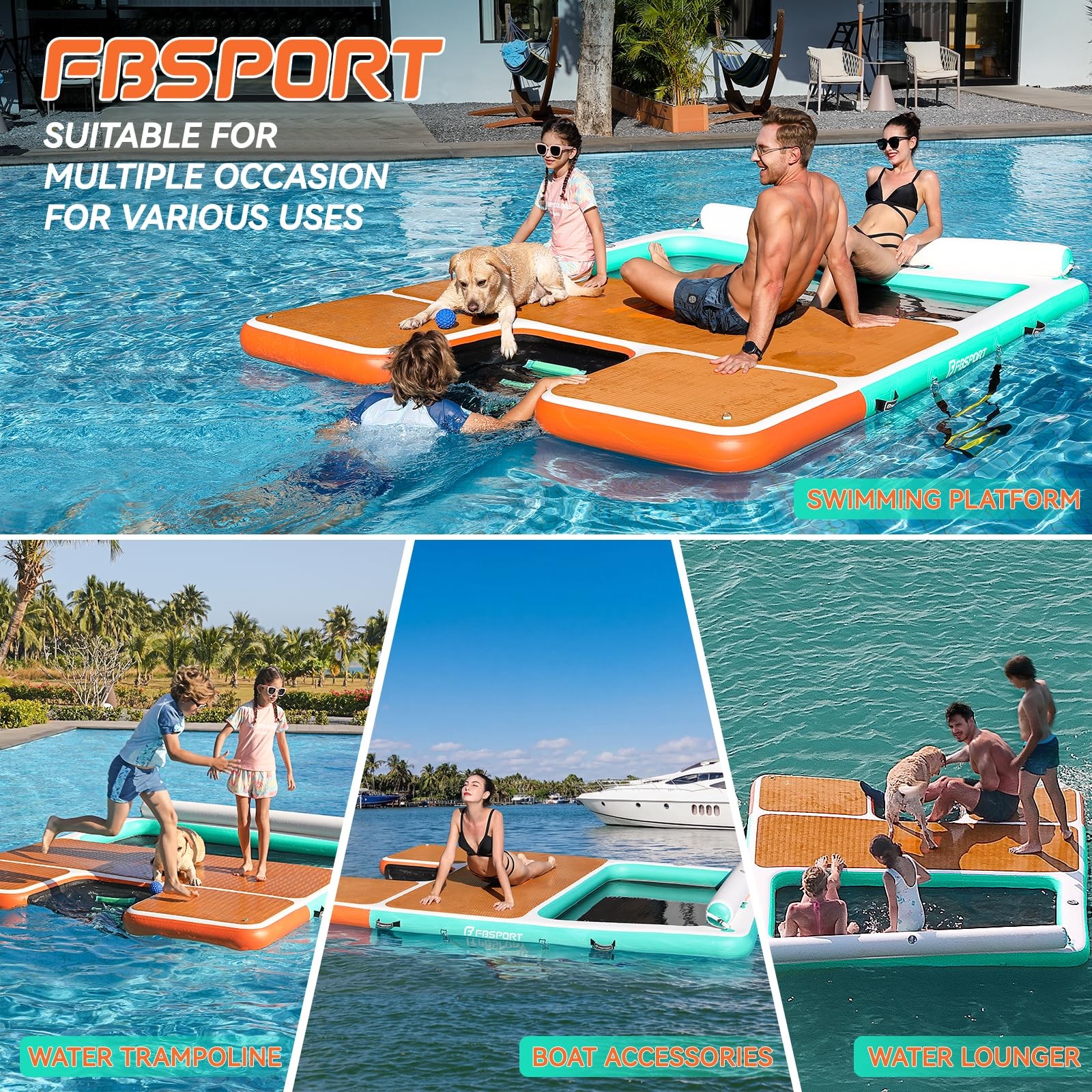 FBSPORT Inflatable Floating Dock 10ft Dog Boat Ramp in x 8ft x 6″, Green