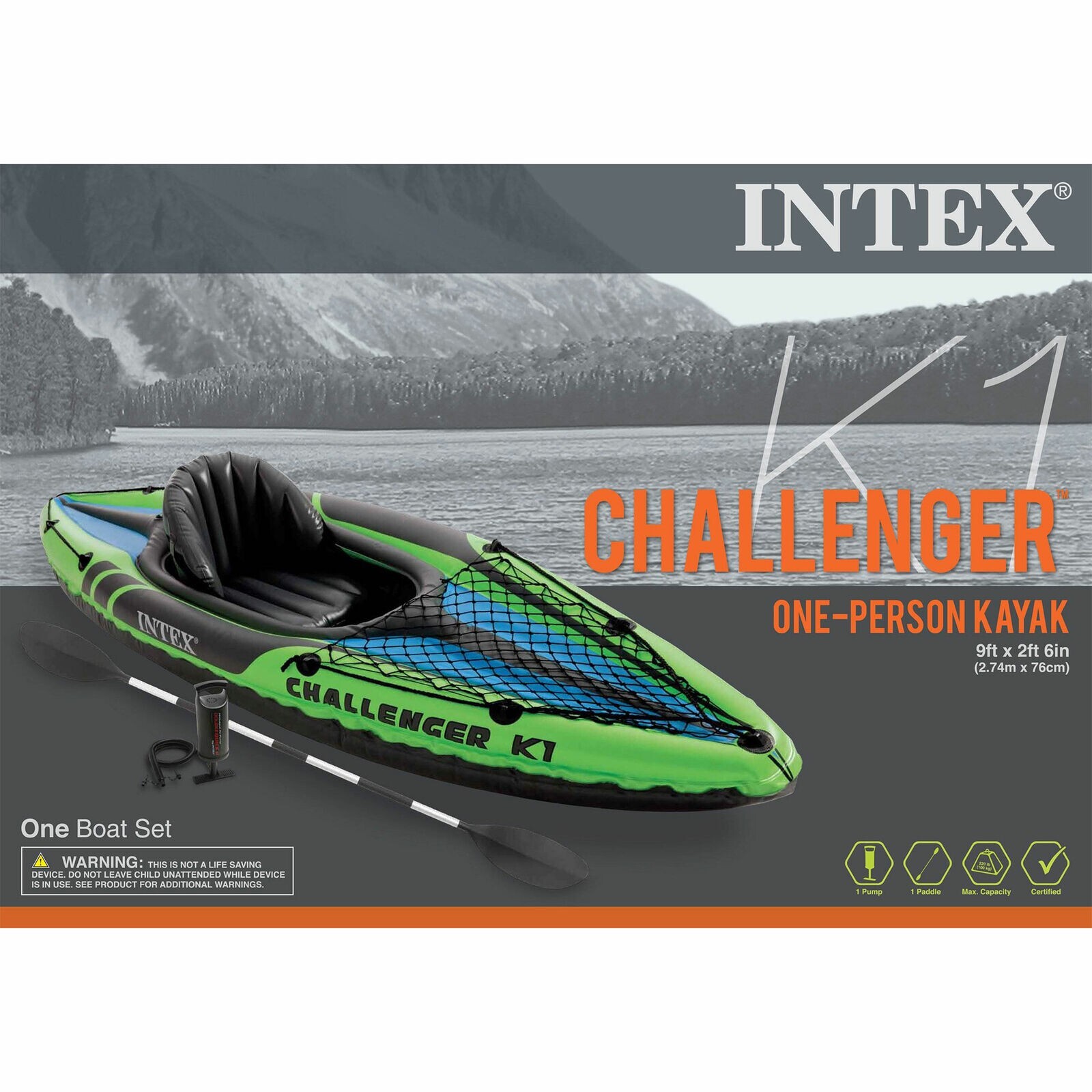 Intex 68305EP Challenger K1 1-Person Inflatable Sporty Kayak w/ Oars And Pump