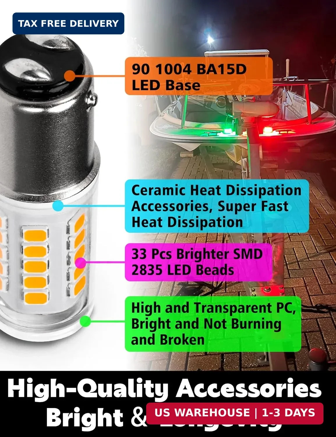 90 1004 BA15D Boat Bulbs Marine LED Bulb, 12V 24V White Navigation Lights | 40W