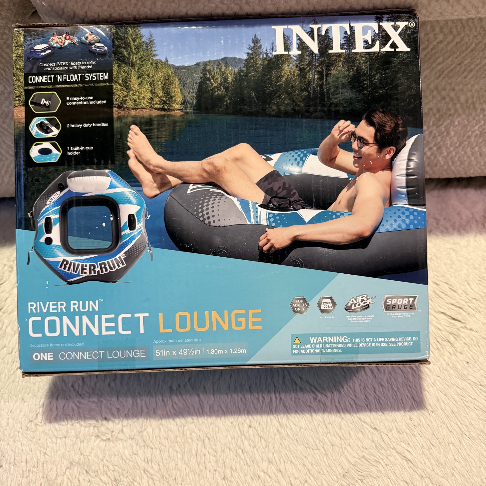 Intex River Run 1 Inflatable Lounge Connect N Float System Blue New Sealed