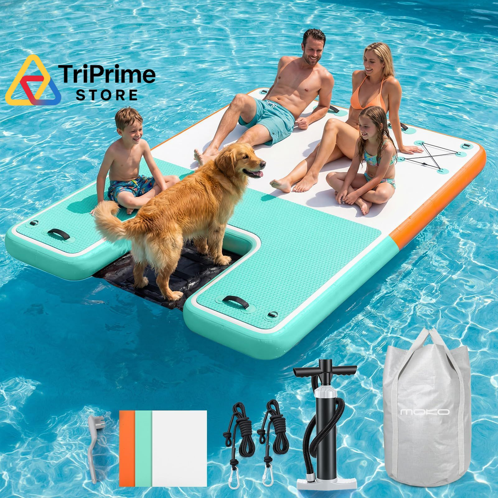 MoKo Inflatable Floating Dock, 8×6ft Air Dock 8×6 ft, Mint Green + Orange