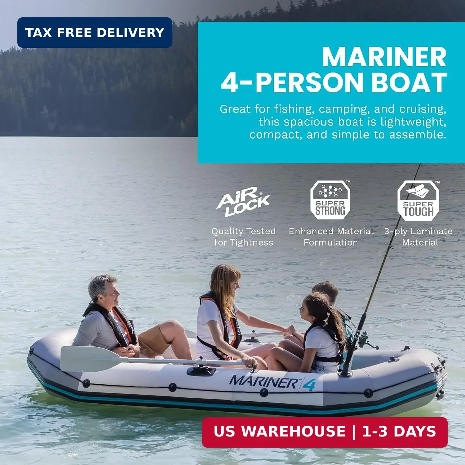 Mariner 4 Person Inflatable Fishing Boat Set SuperTough PVC Oars Pump Keel New