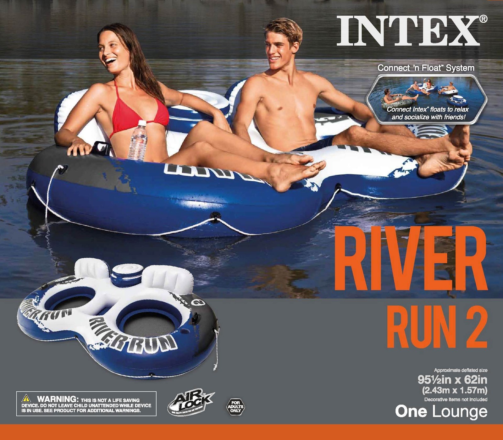 Intex River Run II Inflatable 2 Person Tube + 1 Person Inflatable Tube (4 Pack)