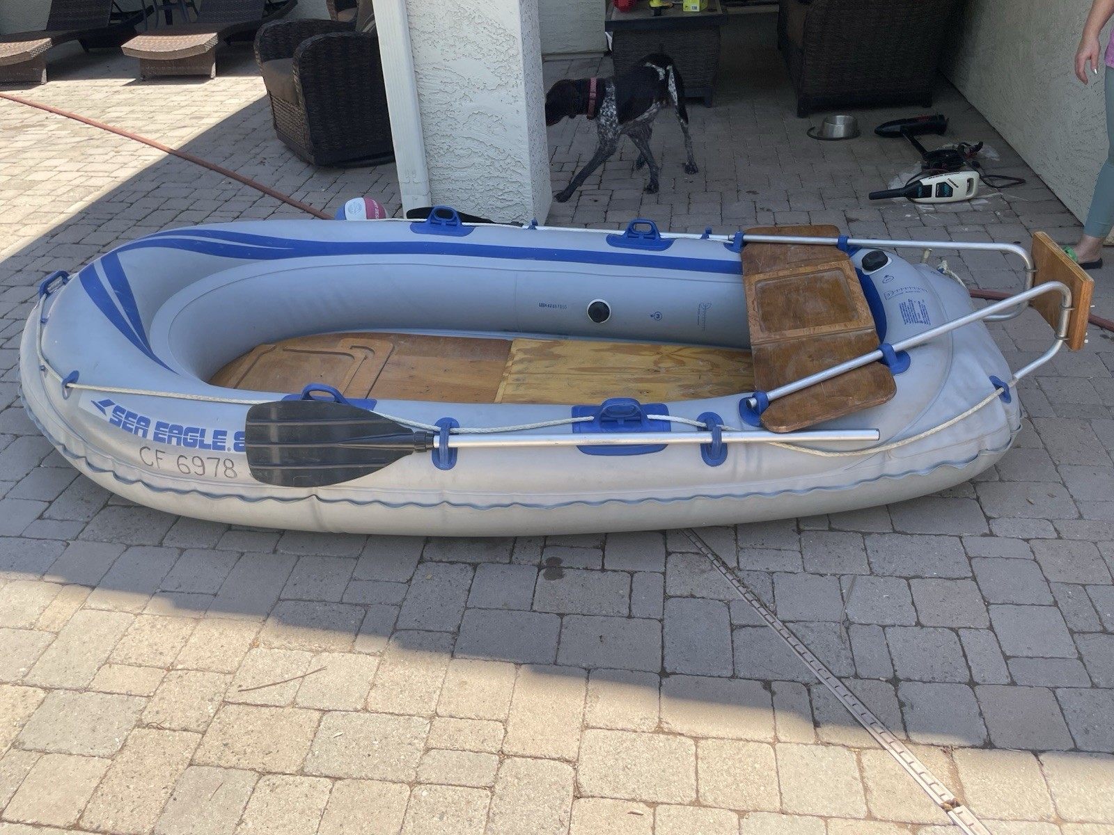 Sea Eagle 8 Heavy Duty Inflatable Raft/Boat With Trolling Motor And Accessories