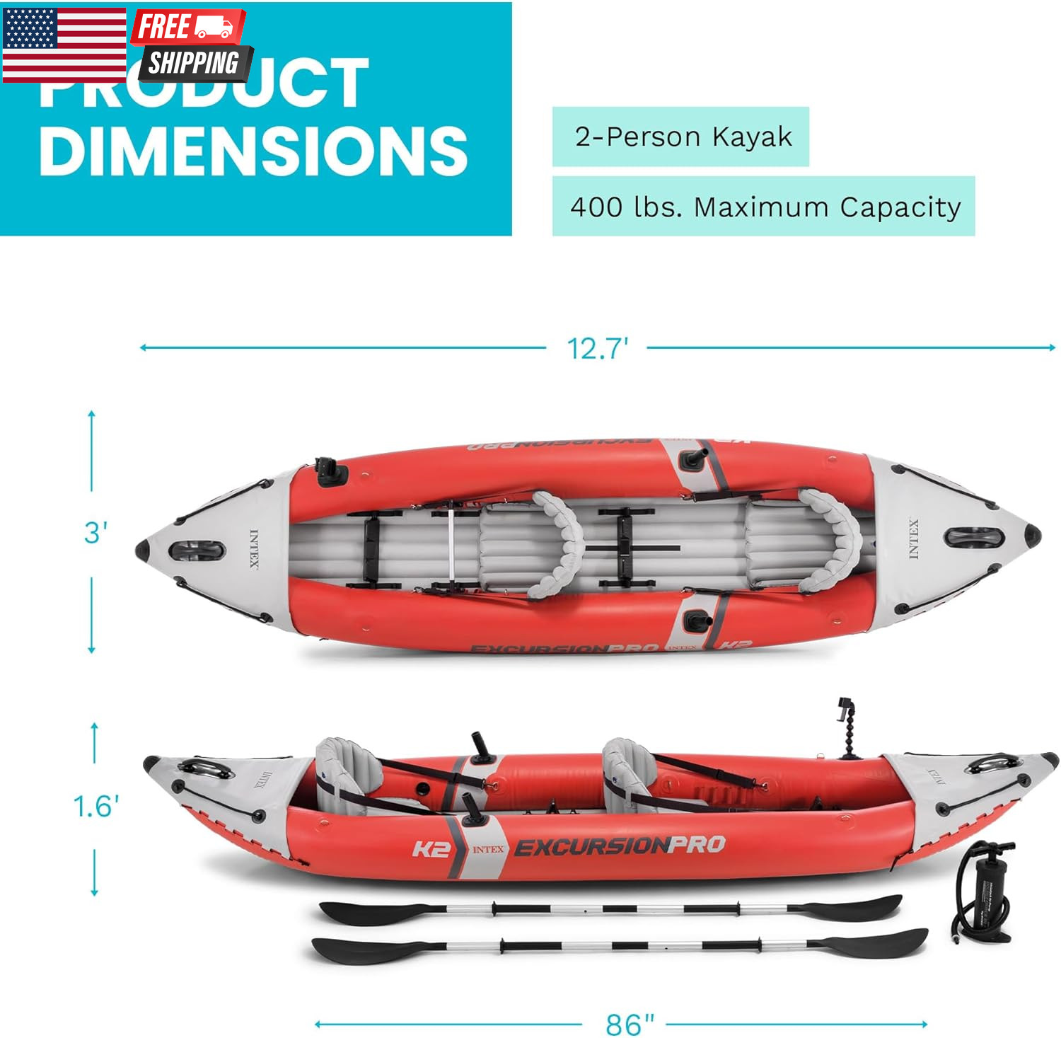 INTEX 68309EP Excursion Pro K2 Inflatable Kayak Set: Includes Deluxe 86In Kayak