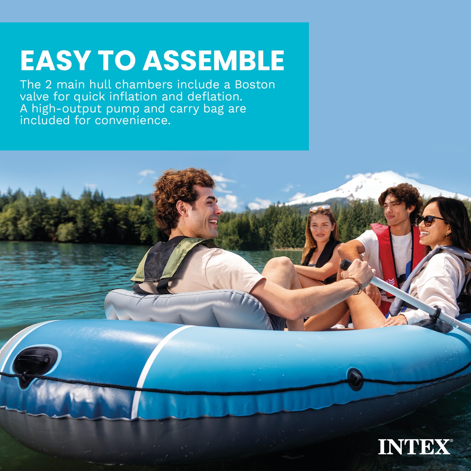 INTEX 66324EP Excursion 4 Inflatable Boat Set with 54″ Oars, Pump, & Rod Holders