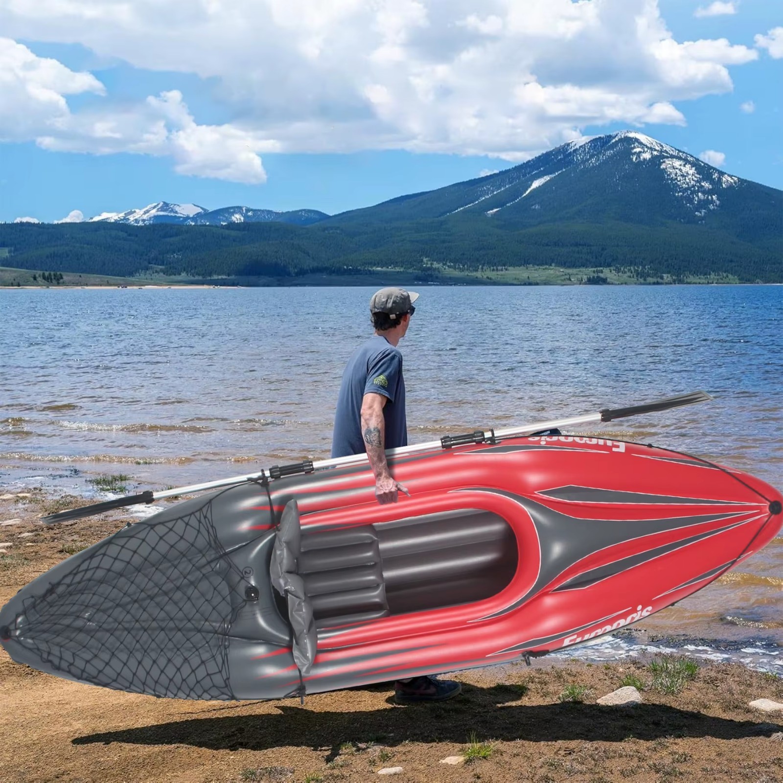 Inflatable Kayak Fishing Boat 1 Person Adult PVC Red with Paddles Bag Seats