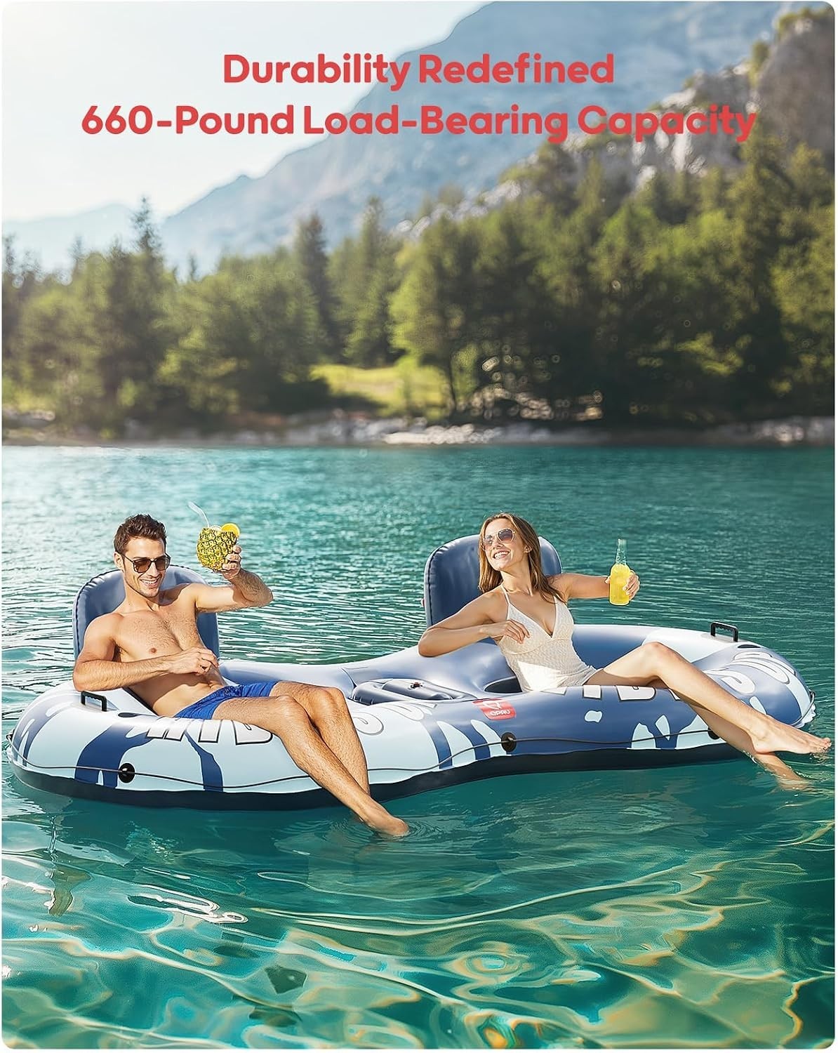 Inflatable Double River Tube, 2 Person 660lb Capacity, Puncture-Resistant 93″…