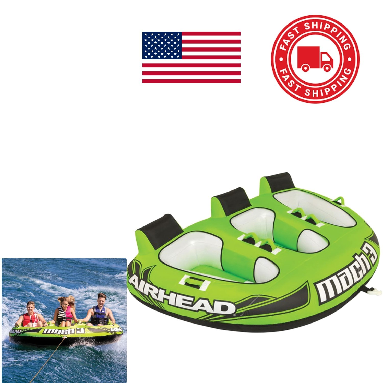 1 to 3 Rider Inflatable Towable Tube for Water Sports with Quick Connect System