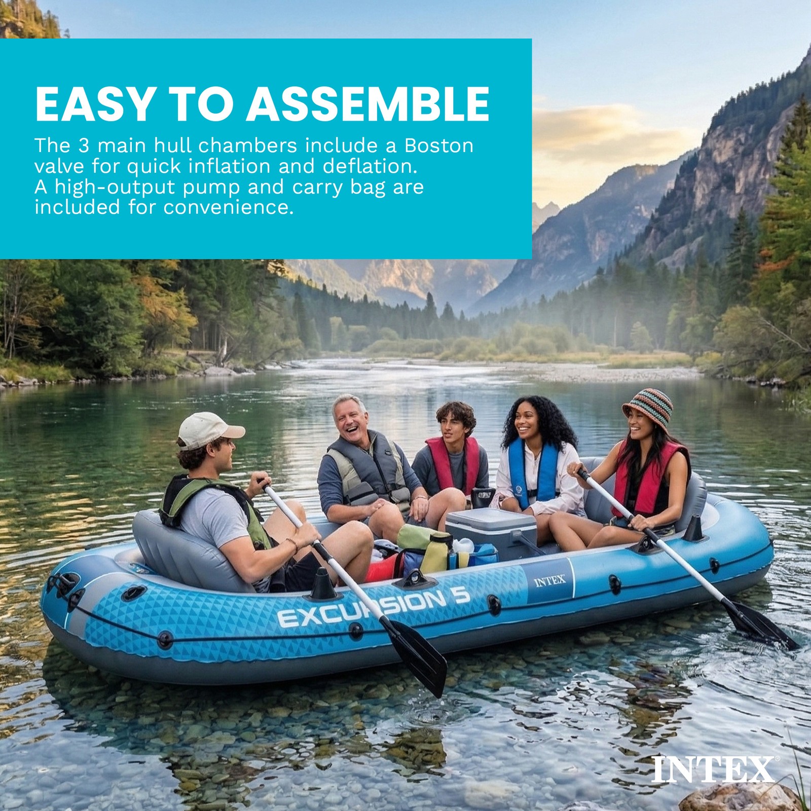 INTEX 66325EP Excursion 5 Inflatable Boat Set with 54″ Oars, Pump, & Rod Holders