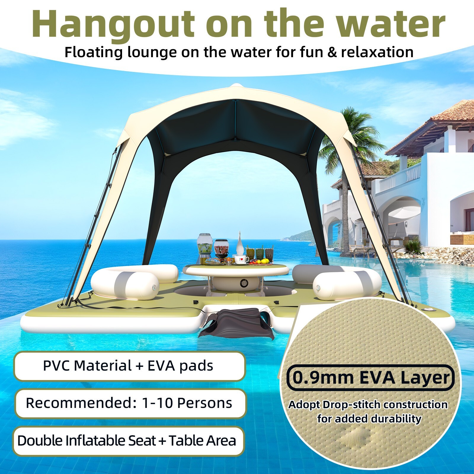 11.15ft x 11.15ft Inflatable Dock – Lounge, Ladder, Sunshade. PVC for Pool/Lake