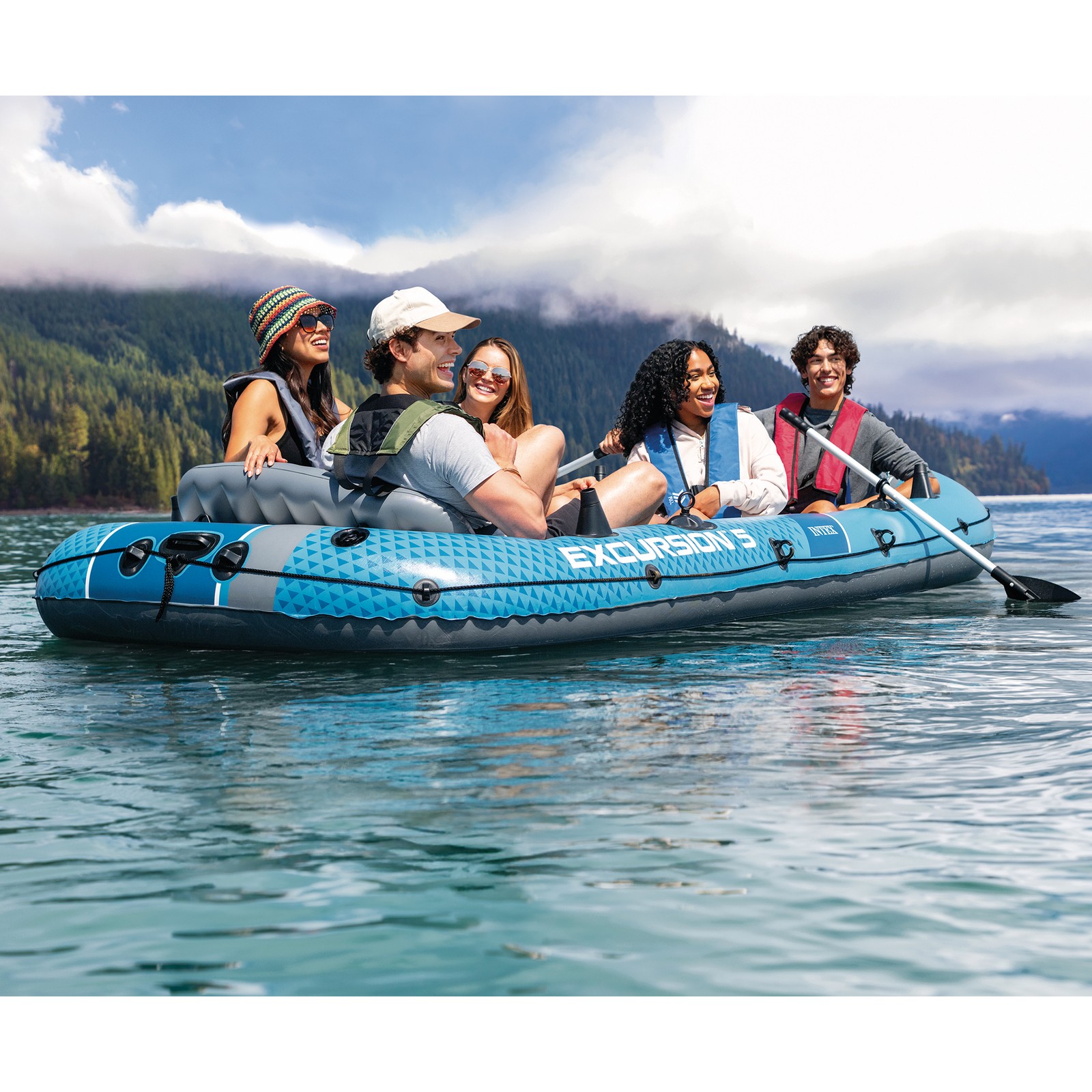 INTEX Excursion 5 Inflatable Boat Set with 54″ Oars, Pump, & Rod Holders (Used)