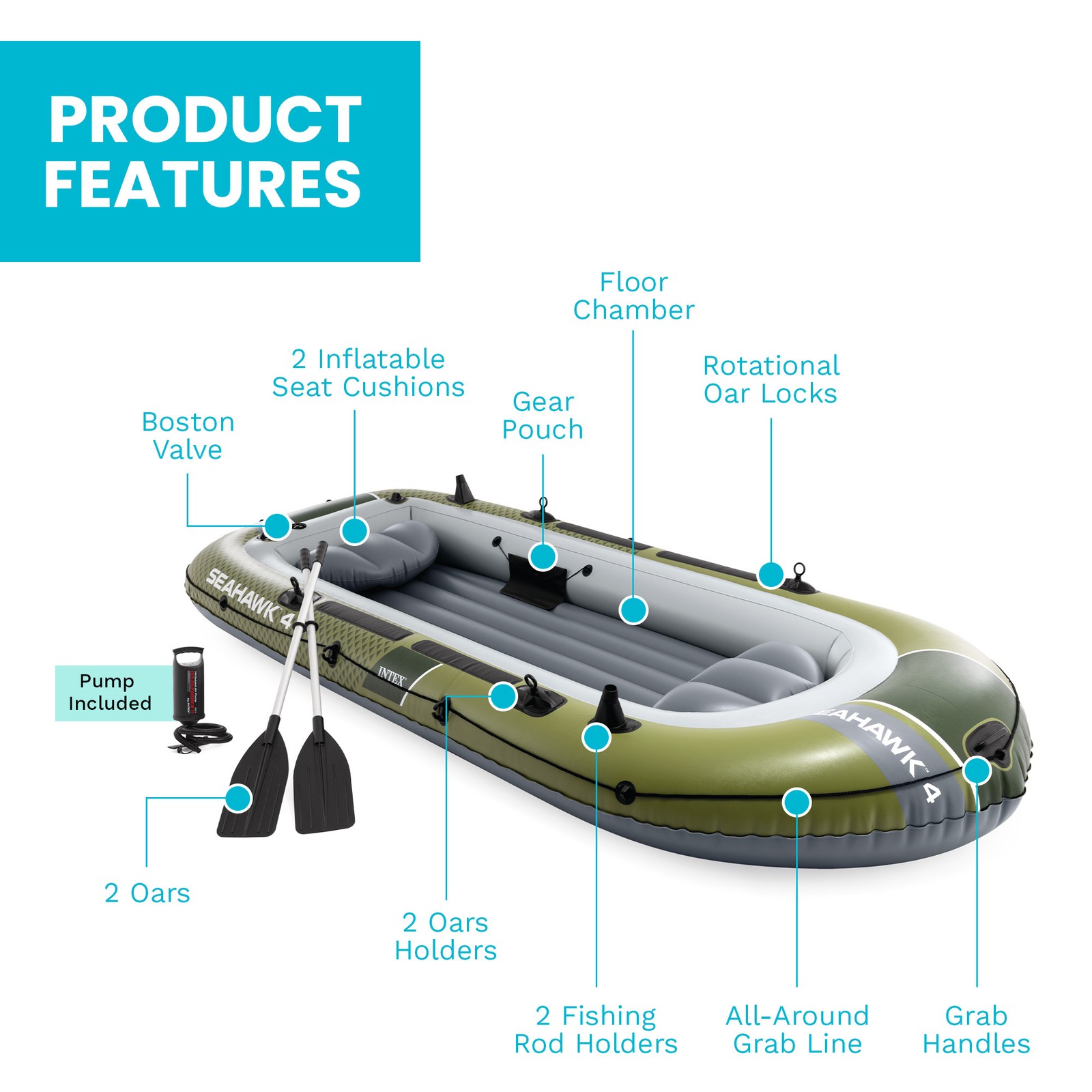 INTEX 66334EP Seahawk 4 Inflatable Boat Set with 54″ Oars, Pump, & Rod Holders