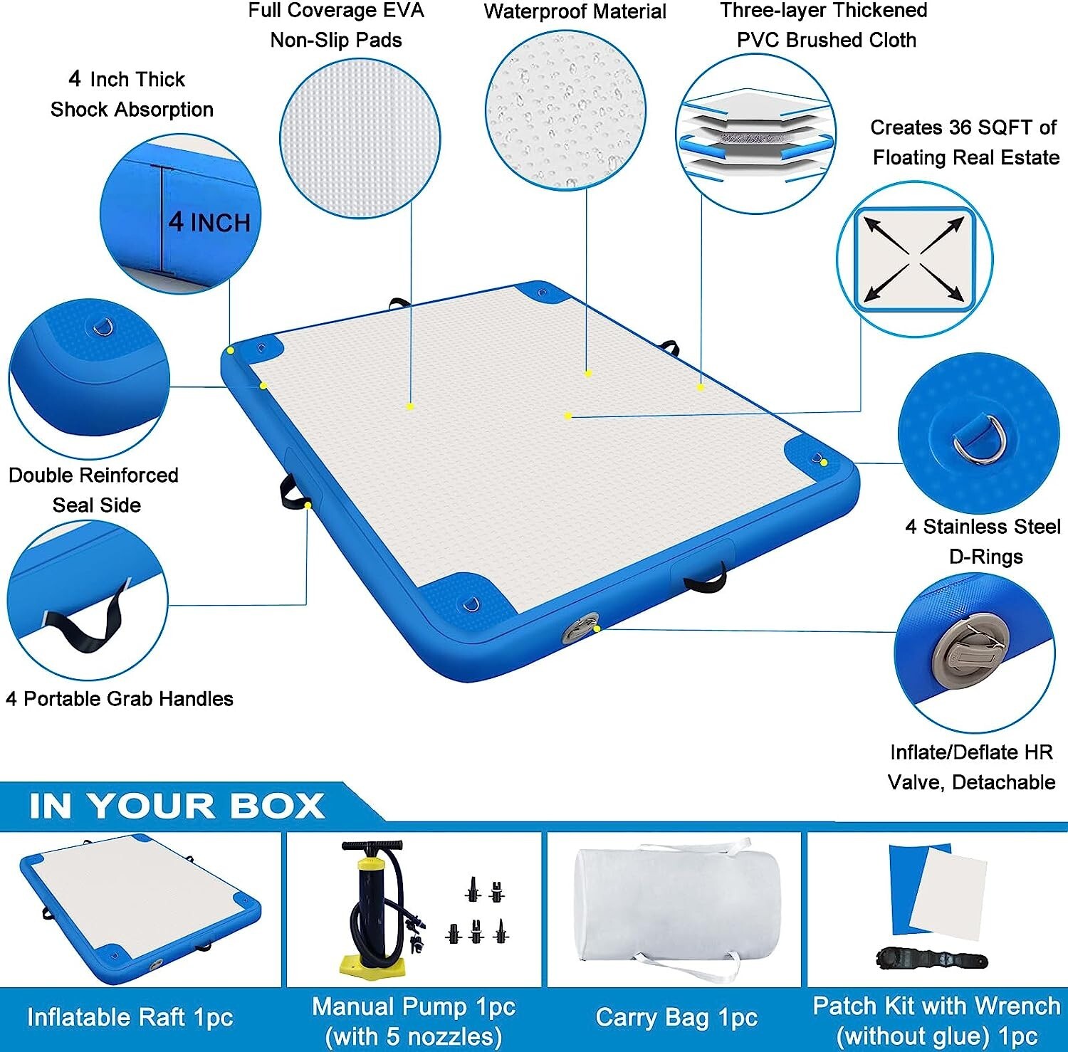 USED 6’x10′ Inflatable Lake Deck,None-Slip Surface Swim Deck,Float Dock w/ Pump