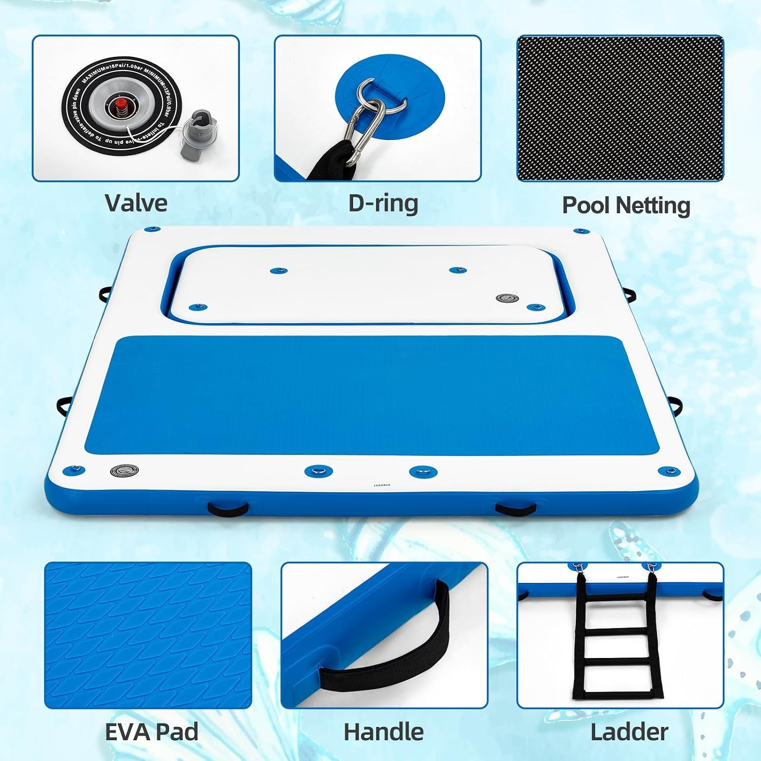 10’x8′ Inflatable Floating Dock Platform White Polyester EVA Mat with Pump