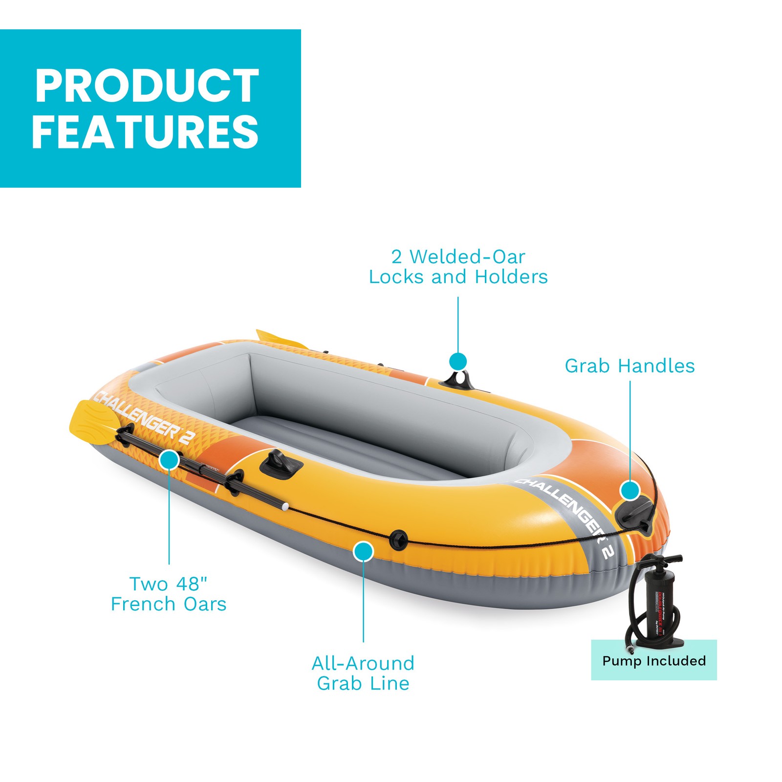 INTEX Challenger 2 Inflatable Boat Set with 48″ Oars, Pump, Oar Locks (Open Box)