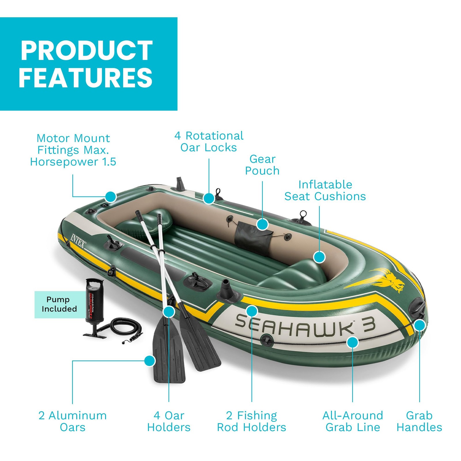 Inflatable Boat 3 Person Seahawk Fishing Set Oars Pump INTEX 68380EP