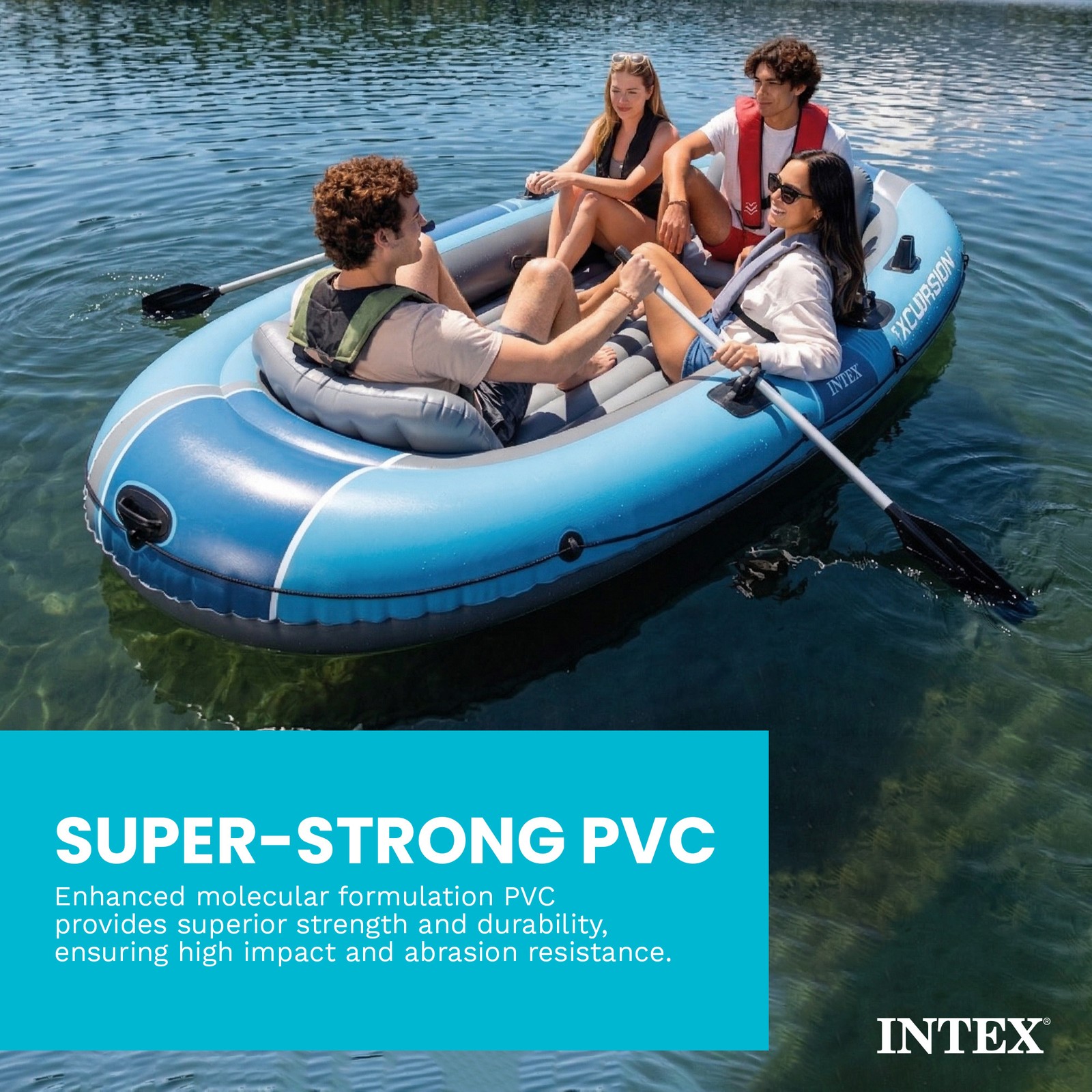 INTEX 66324EP Excursion 4 Inflatable Boat Set with 54″ Oars, Pump, & Rod Holders